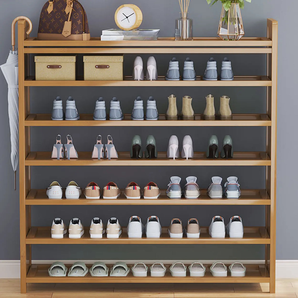 Foldable Tall Brown Bamboo Storage Freestanding Shoe Rack Image - 3