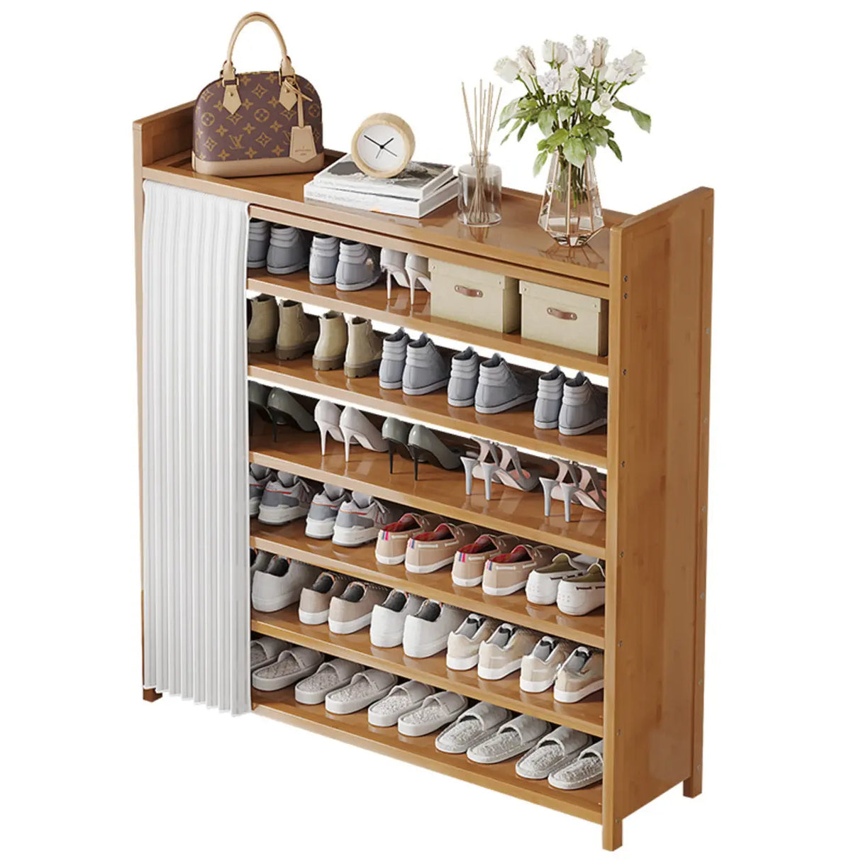 Foldable Tall Brown Bamboo Storage Freestanding Shoe Rack Image - 5
