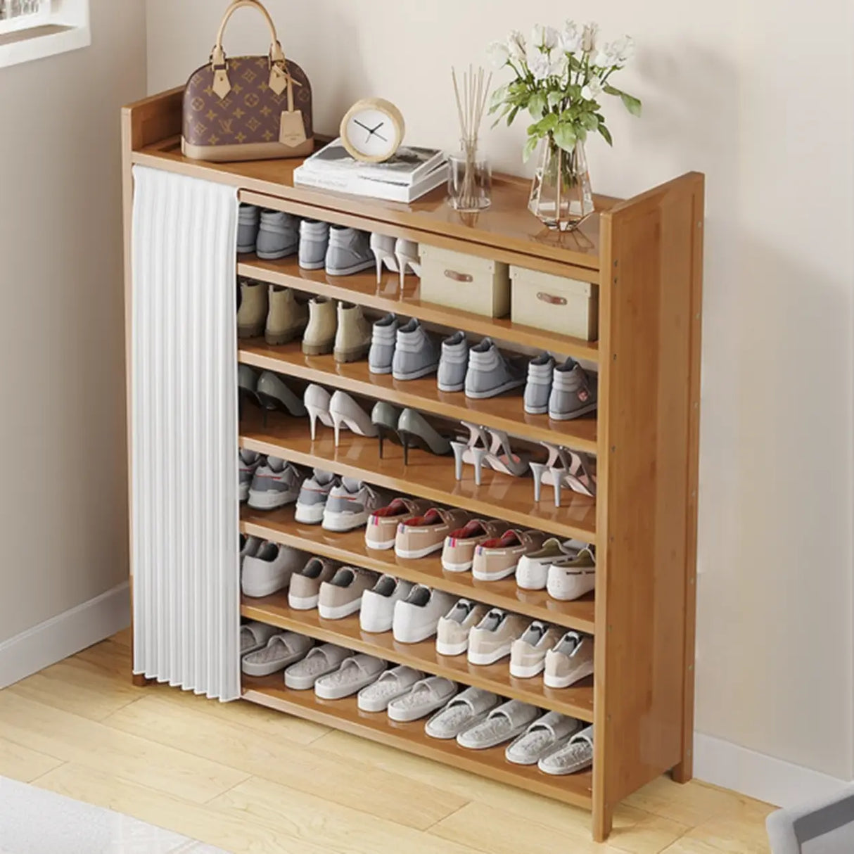 Foldable Tall Brown Bamboo Storage Freestanding Shoe Rack Image - 6