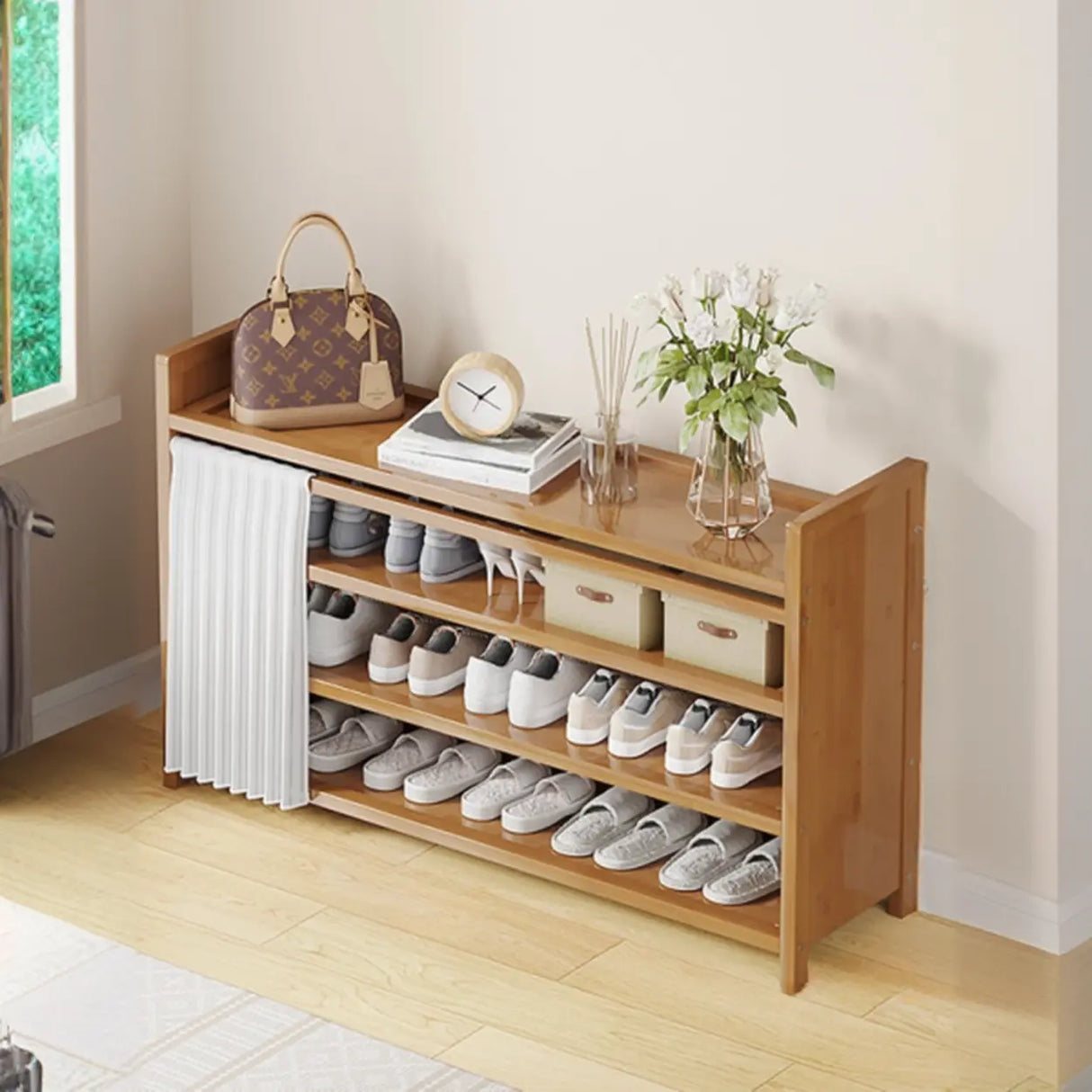 Foldable Tall Brown Bamboo Storage Freestanding Shoe Rack Image - 7