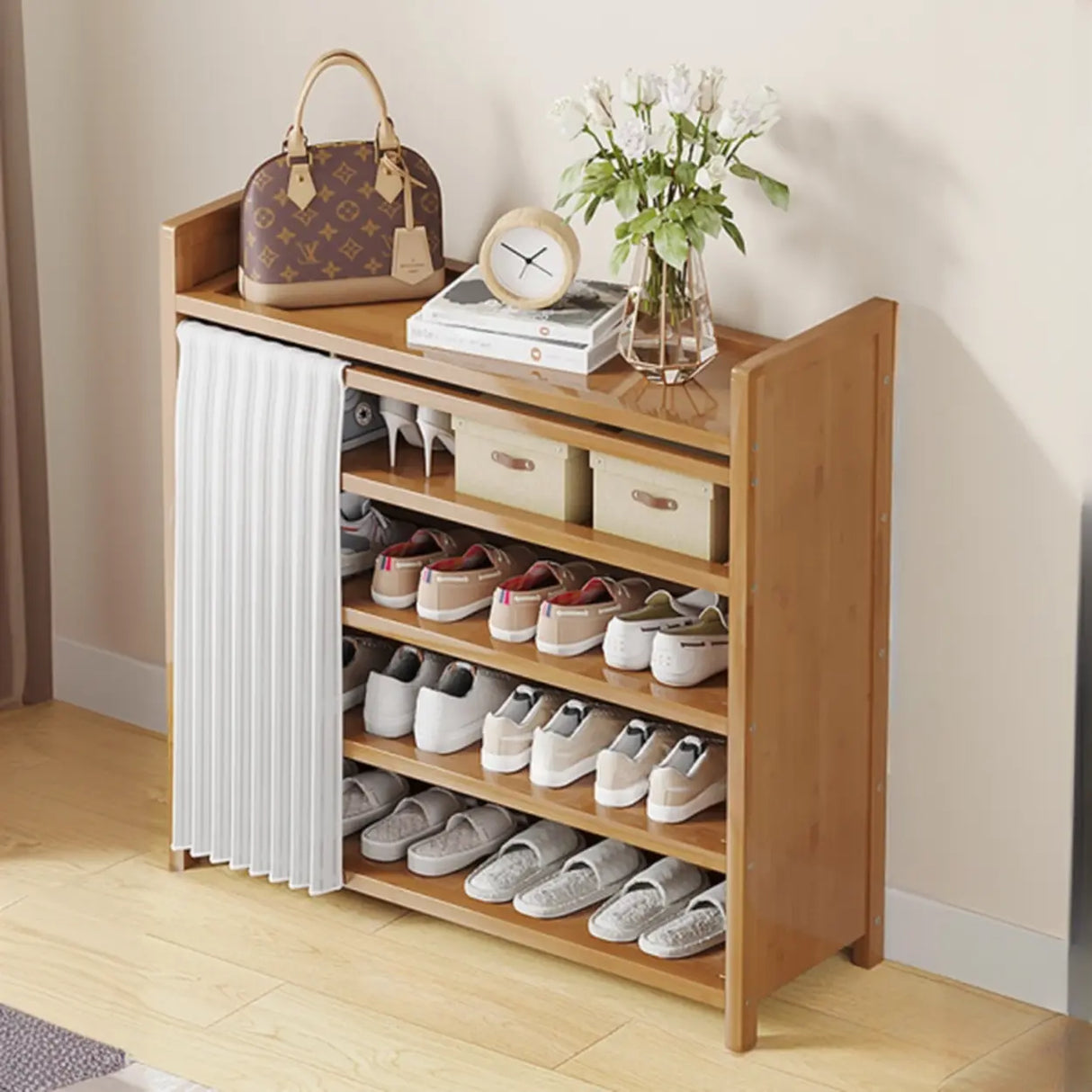 Foldable Tall Brown Bamboo Storage Freestanding Shoe Rack Image - 8