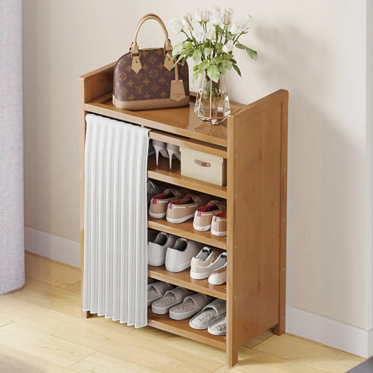 Foldable Tall Brown Bamboo Storage Freestanding Shoe Rack Image - 9
