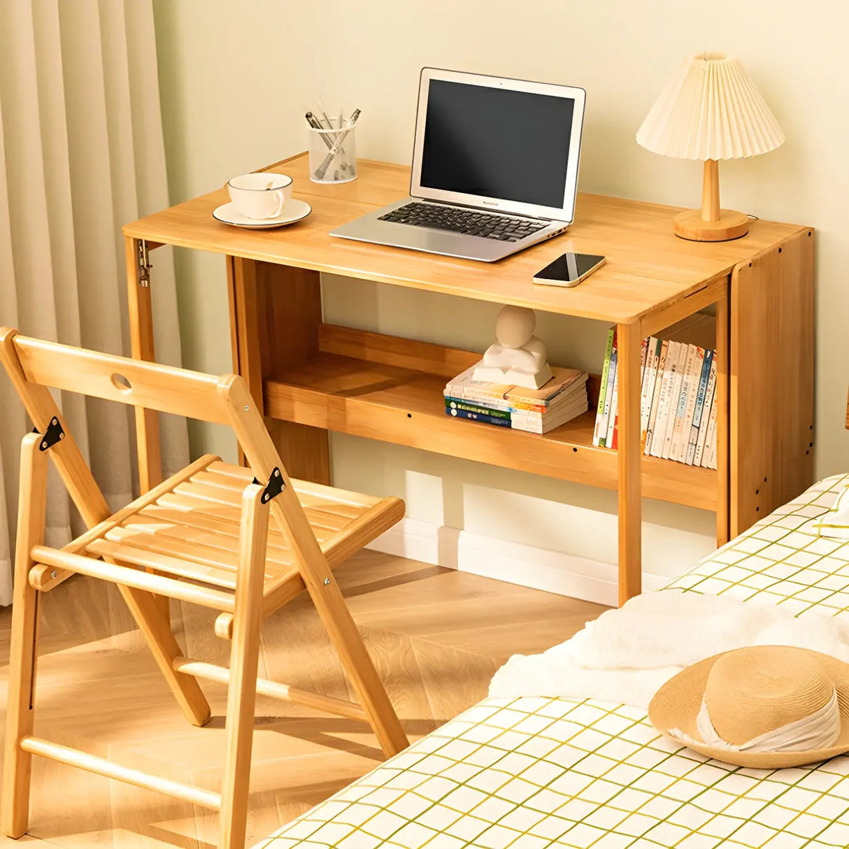 Foldable Wood H-Shape Base Exterior Shelf Writing Desk Image - 16
