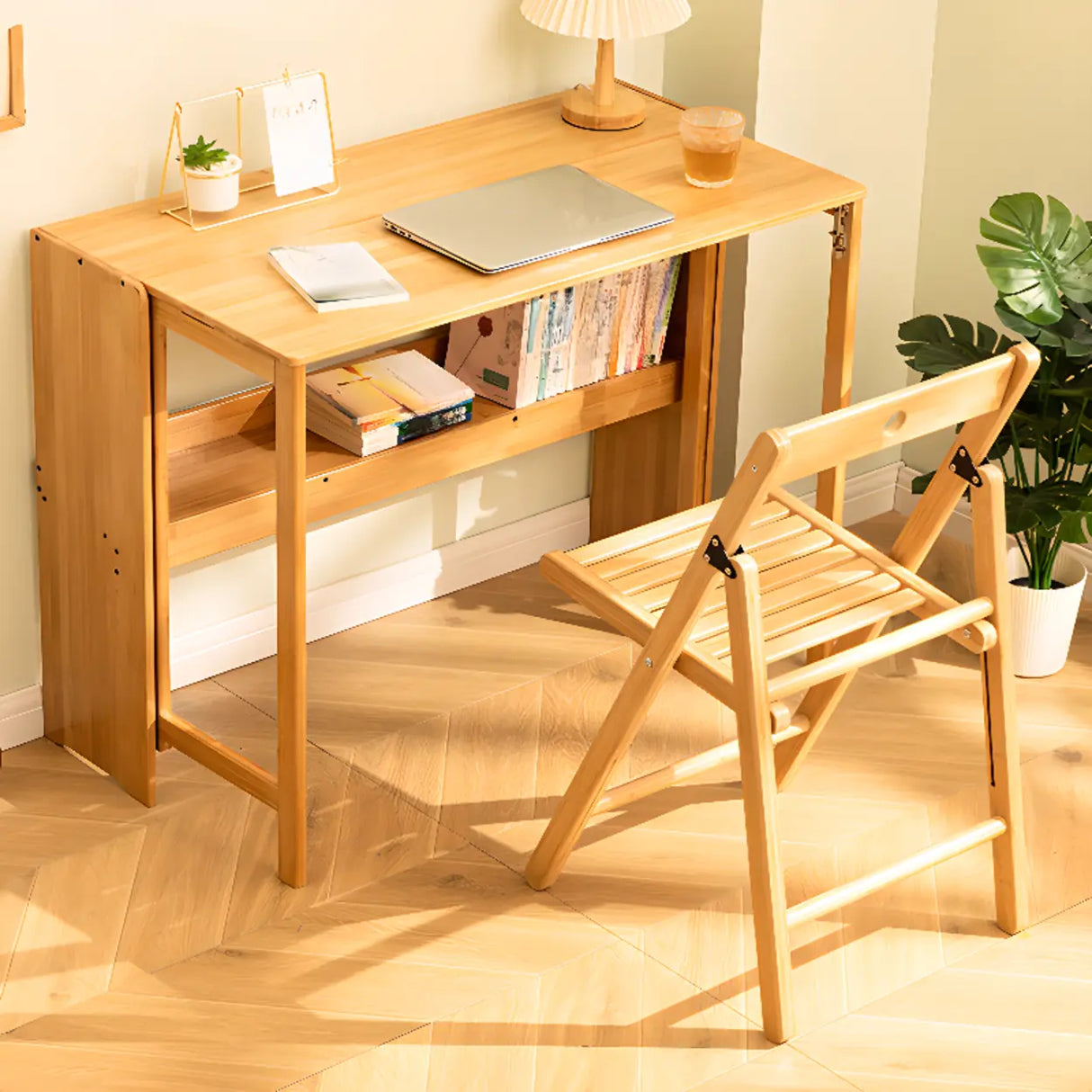 Foldable Wooden Rectangular Kids Desk with Shelf Image - 3