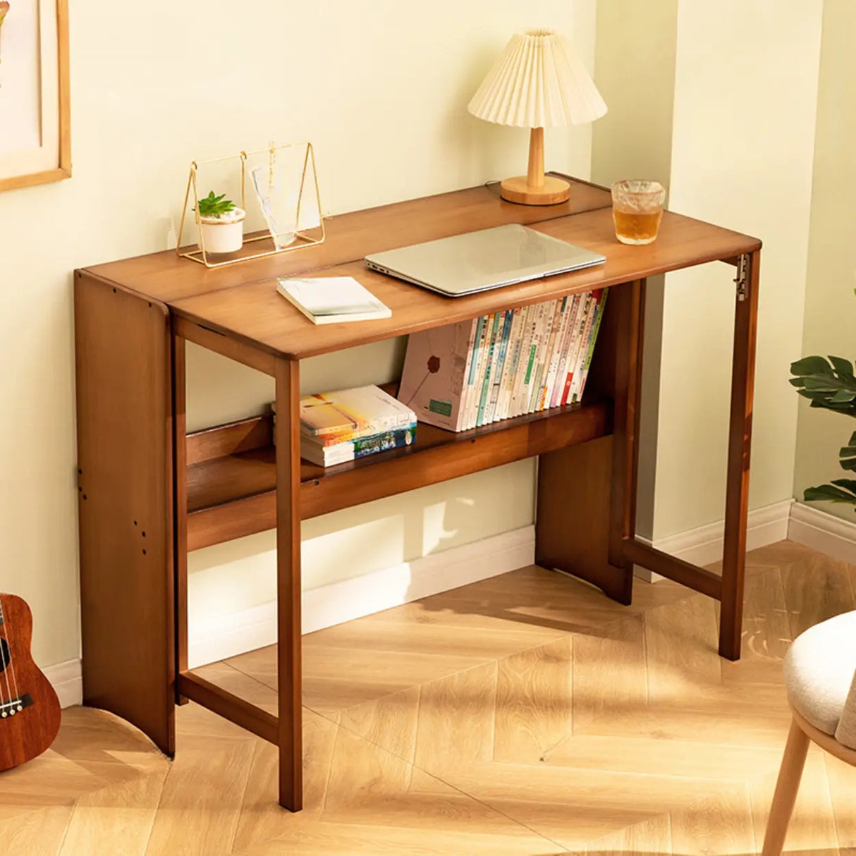 Foldable Wooden Rectangular Kids Desk with Shelf Image - 4