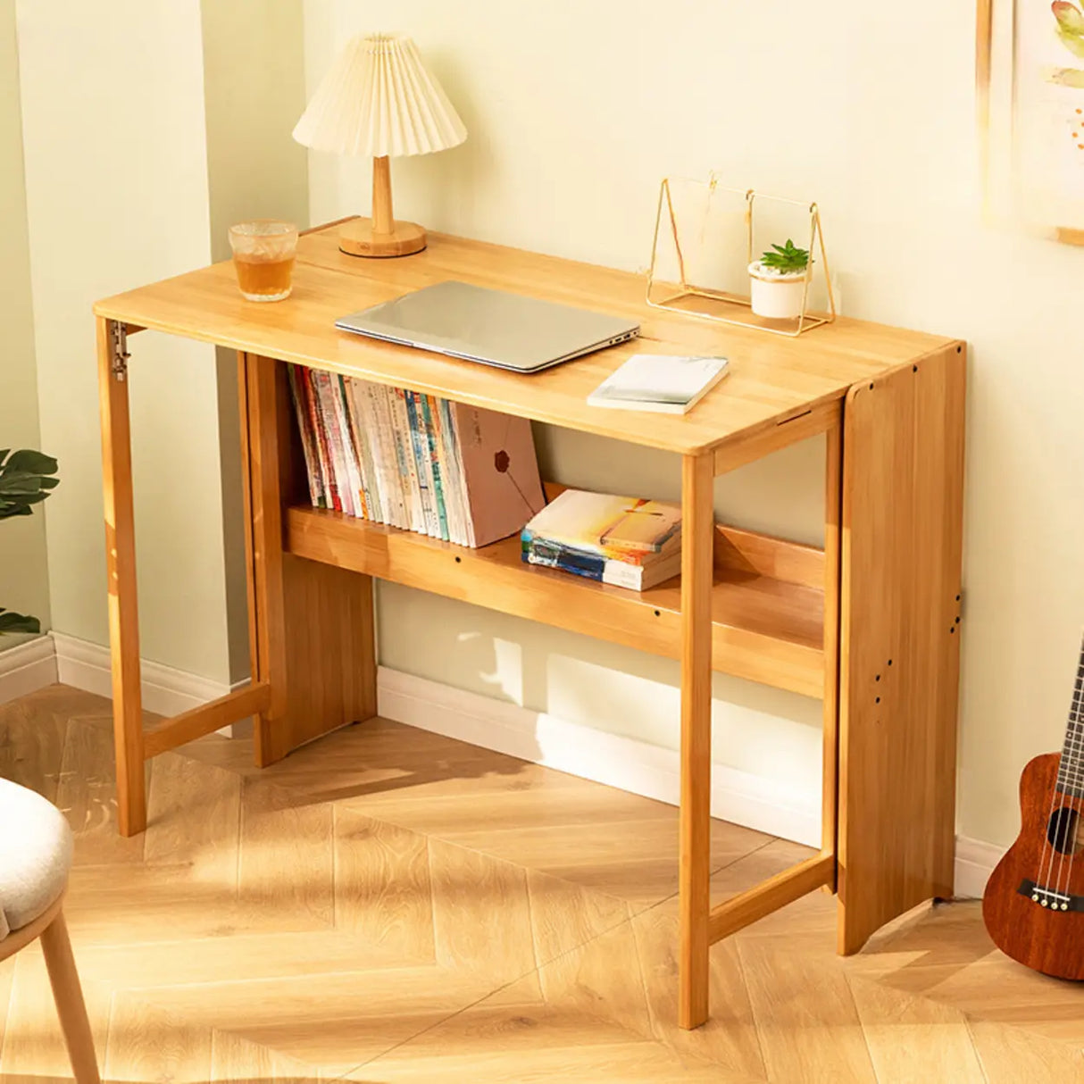 Foldable Wooden Rectangular Kids Desk with Shelf Image - 5