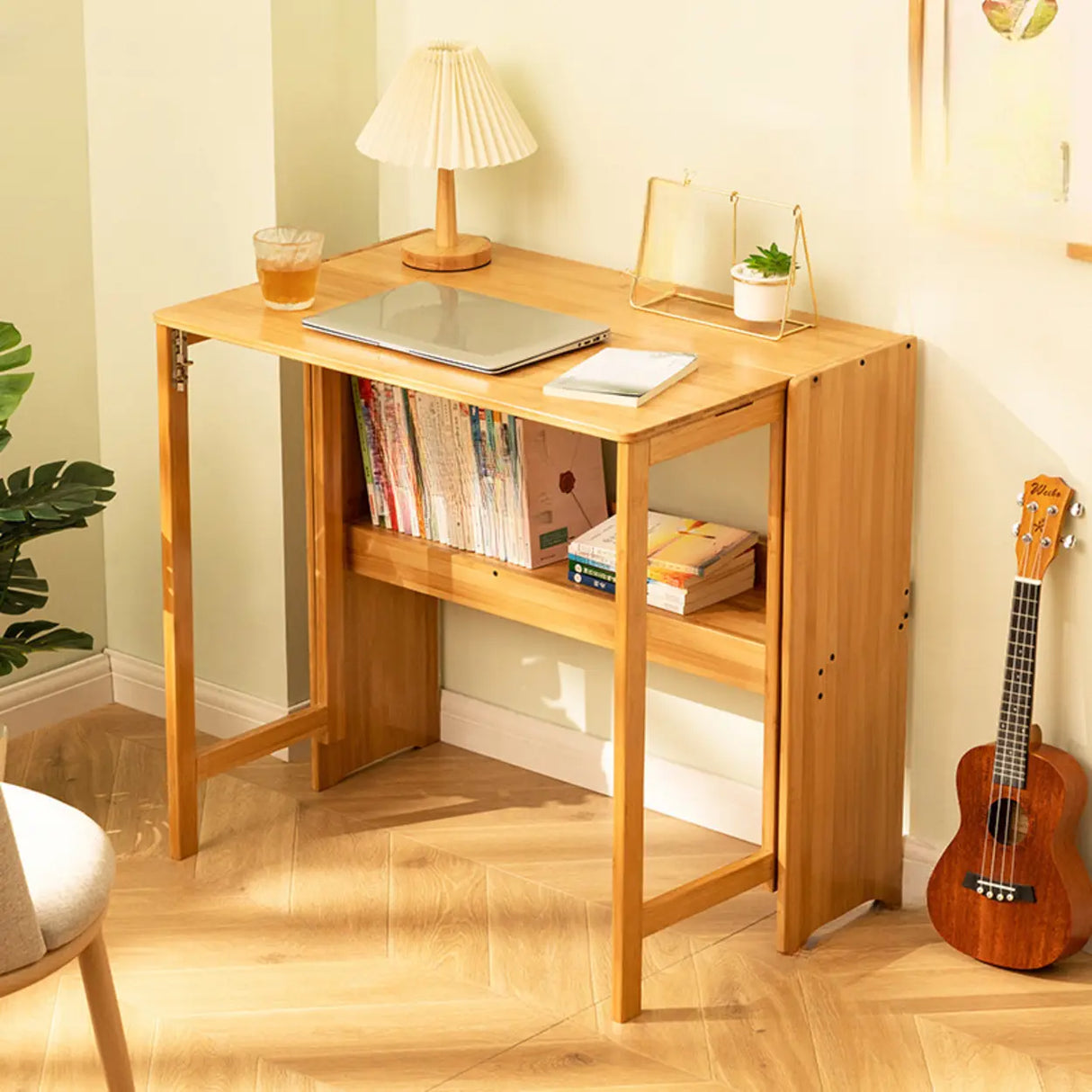 Foldable Wooden Rectangular Kids Desk with Shelf Image - 7