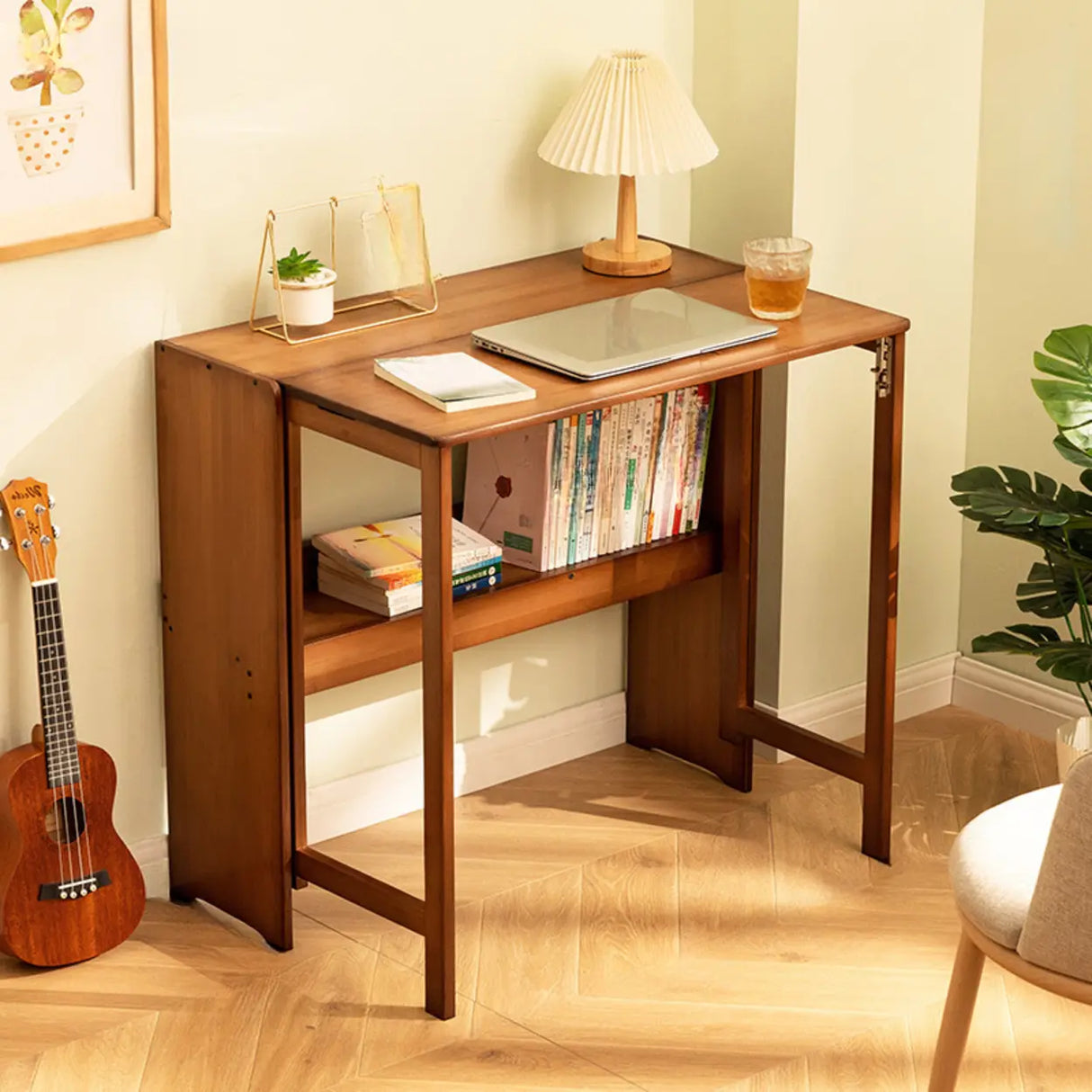 Foldable Wooden Rectangular Kids Desk with Shelf Image - 8