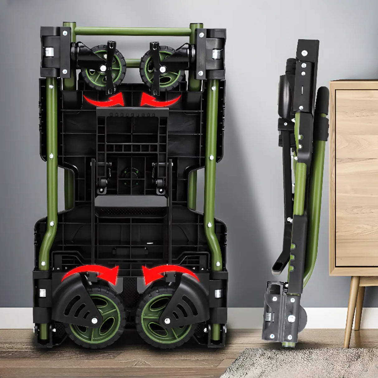 Folding Green Finish Metal Narrow Tall Utility Carts Image - 5