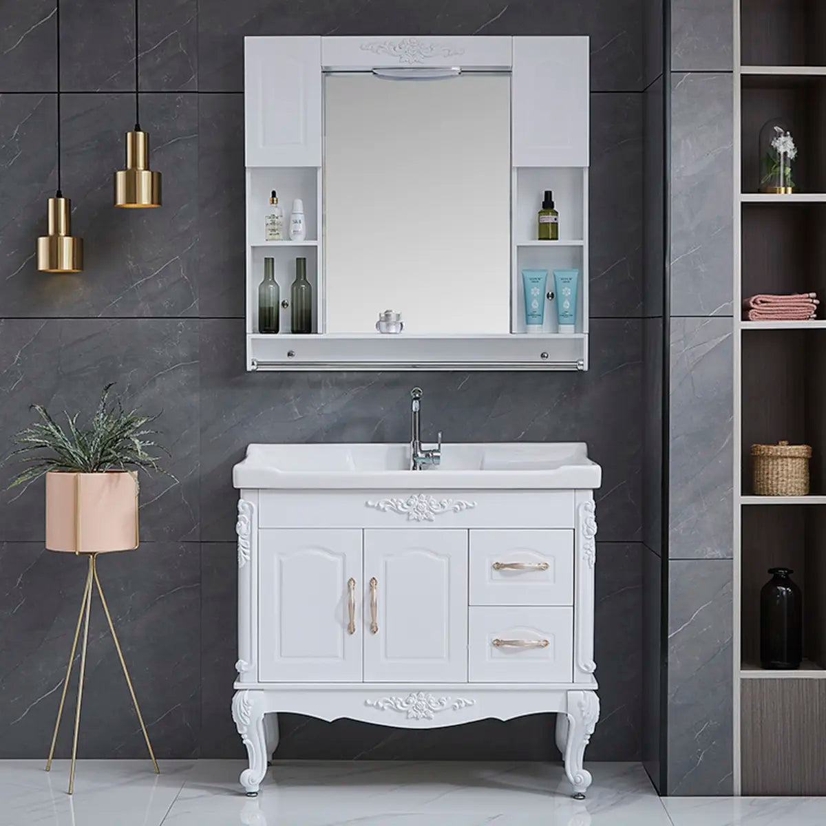 Free-standing White Ceramic Sink Storage Bathroom Vanity Image - 4