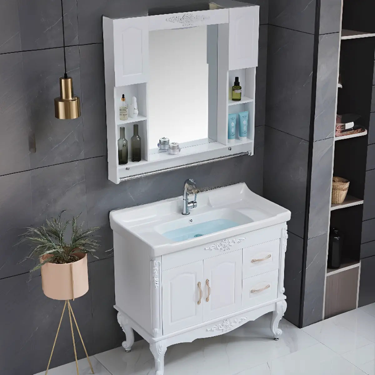 Free-standing White Ceramic Sink Storage Bathroom Vanity Image - 5