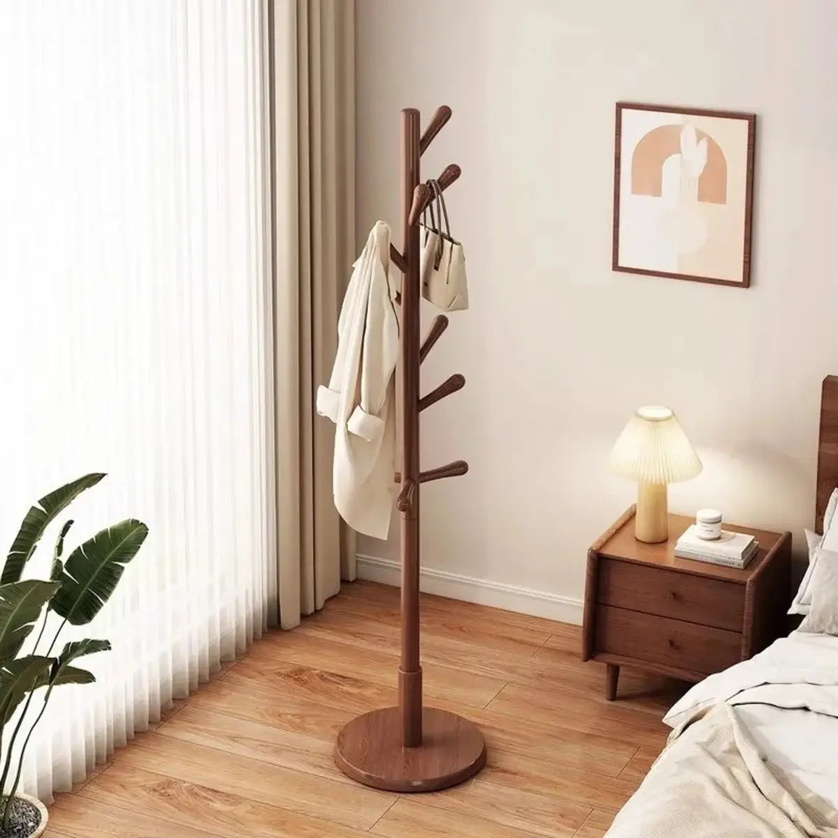 Freestanding Bedroom Walnut Wood Hooks Narrow Coat Rack Image - 1