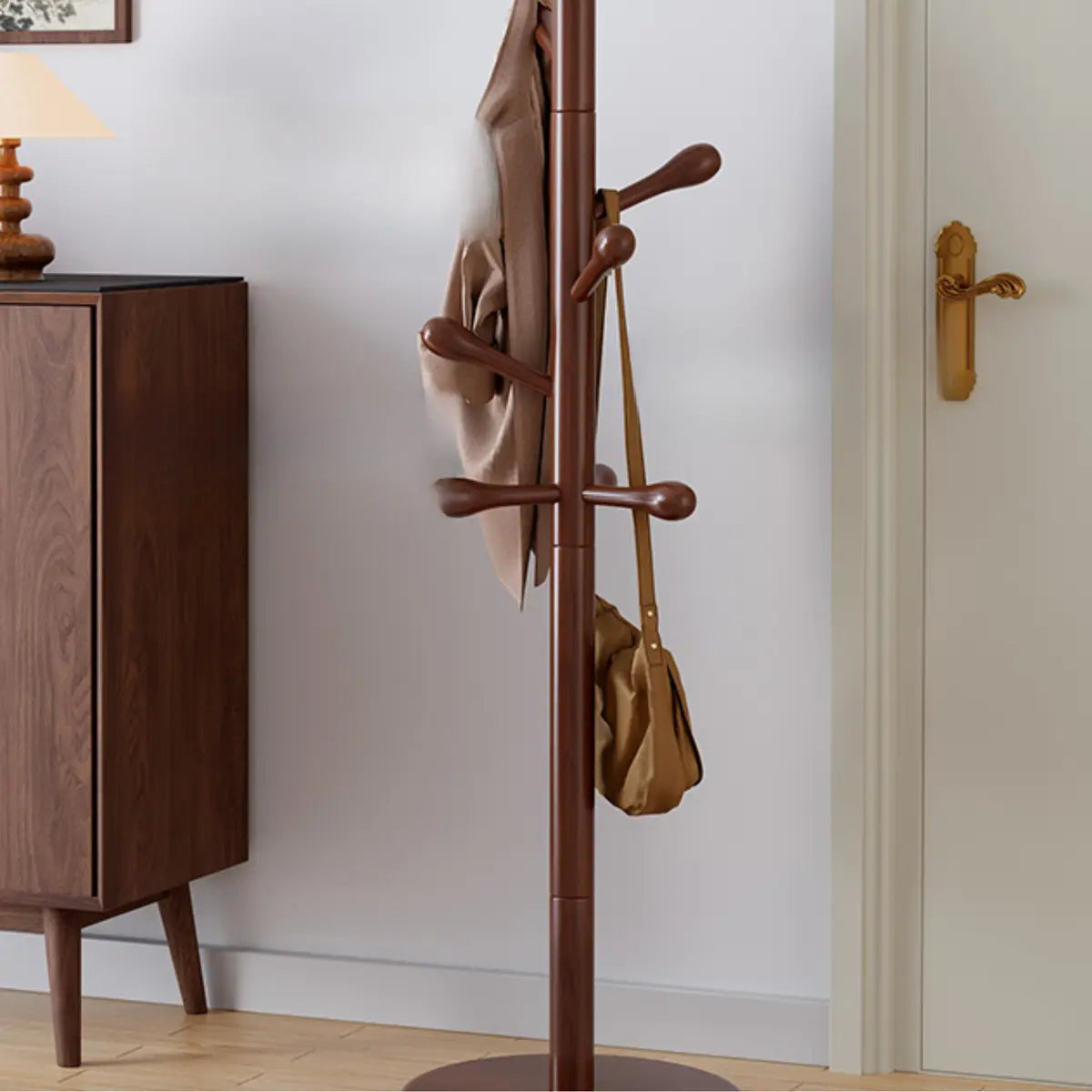 Freestanding Bedroom Walnut Wood Hooks Narrow Coat Rack Image - 18