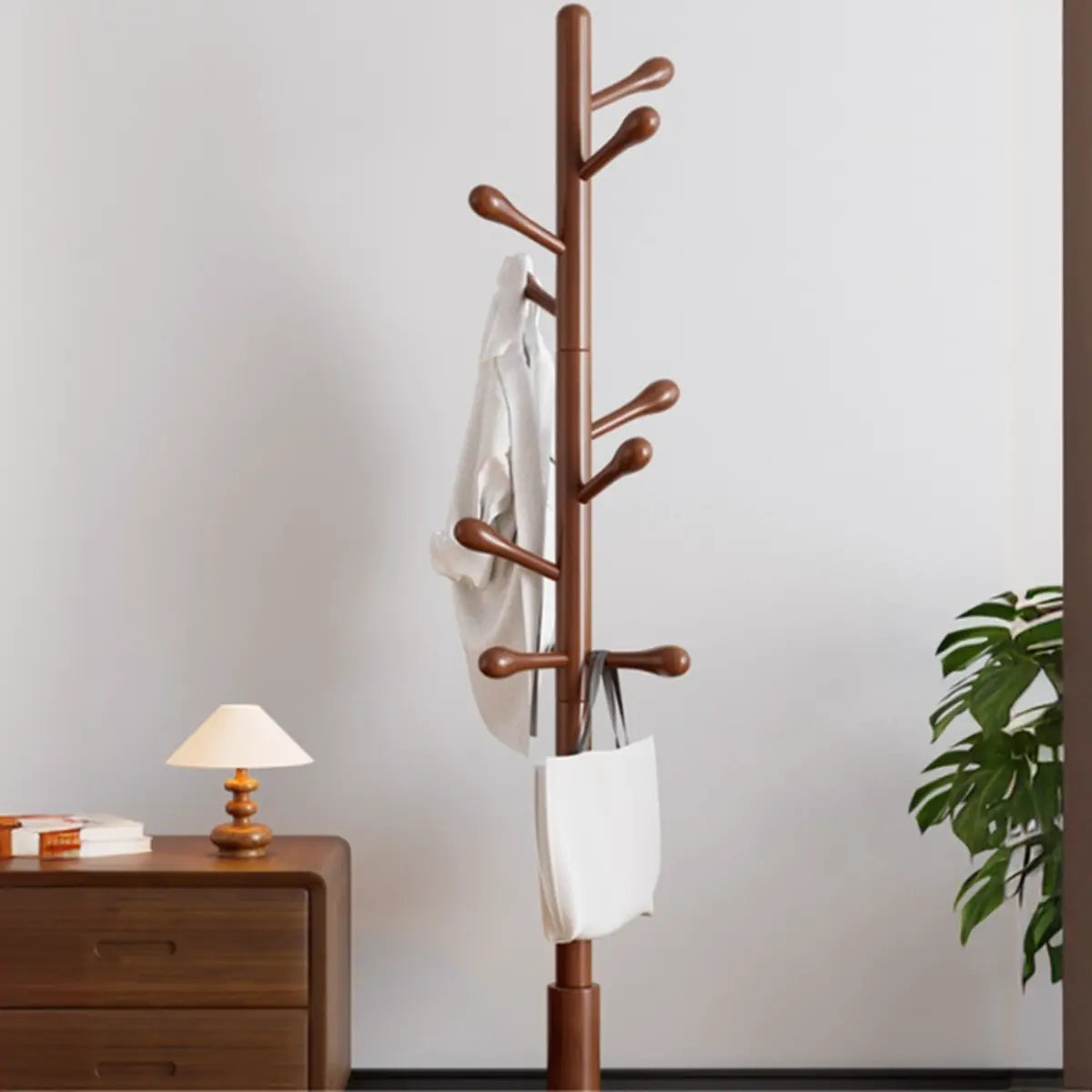 Freestanding Bedroom Walnut Wood Hooks Narrow Coat Rack Image - 20