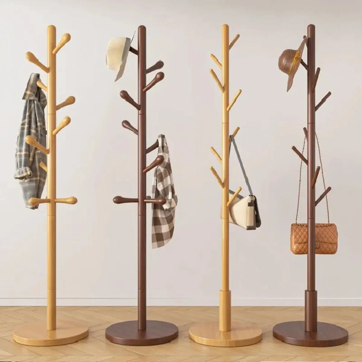 Freestanding Bedroom Walnut Wood Hooks Narrow Coat Rack Image - 4