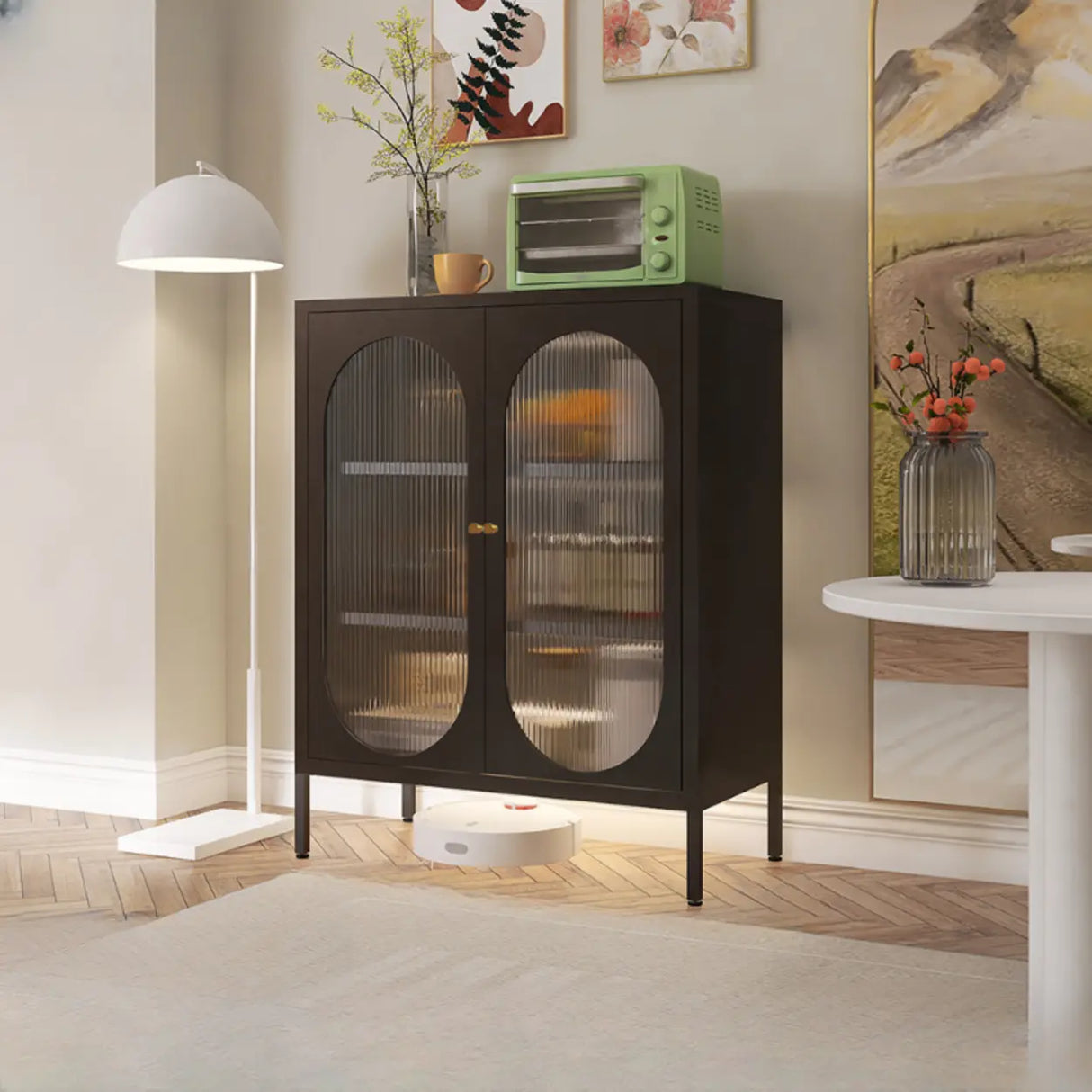 Freestanding Black Metal Buffet with Clear Glass Doors Image - 13