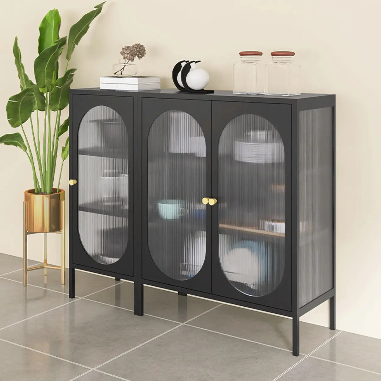 Freestanding Black Metal Buffet with Clear Glass Doors Image - 1