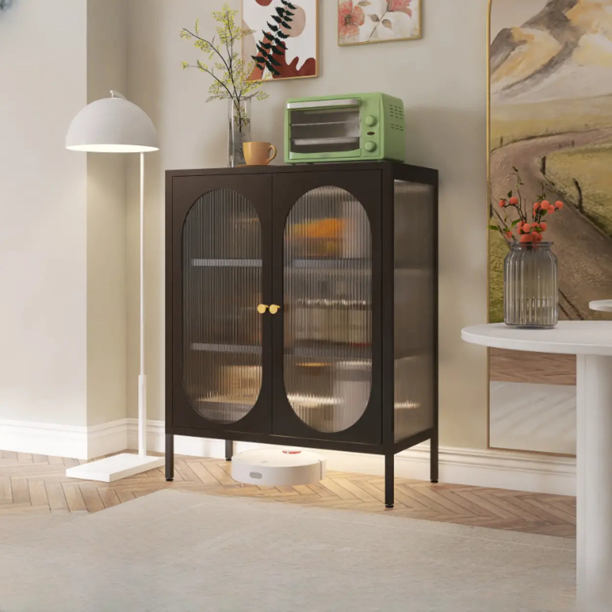 Freestanding Black Metal Buffet with Clear Glass Doors Image - 20