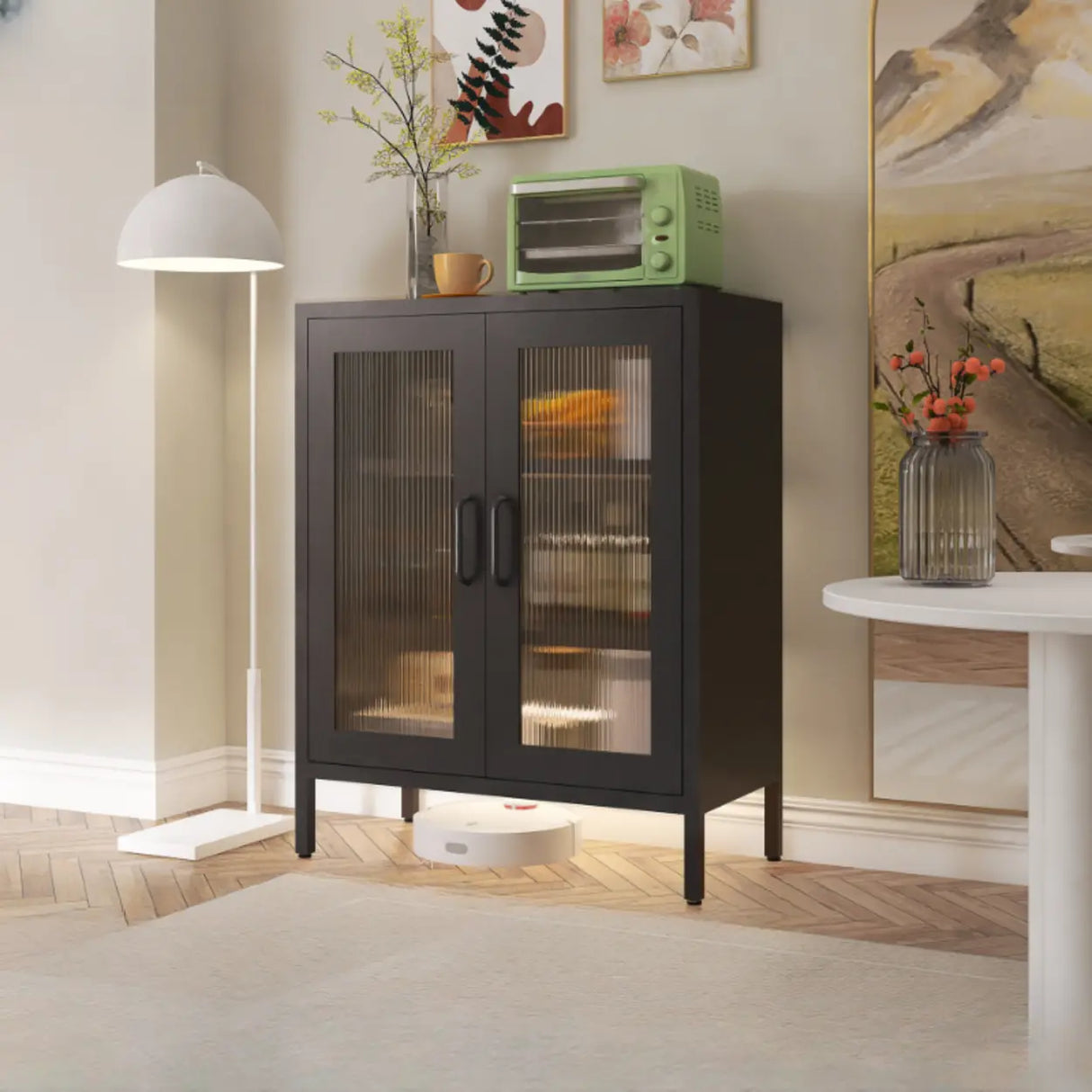 Freestanding Black Metal Buffet with Clear Glass Doors Image - 22