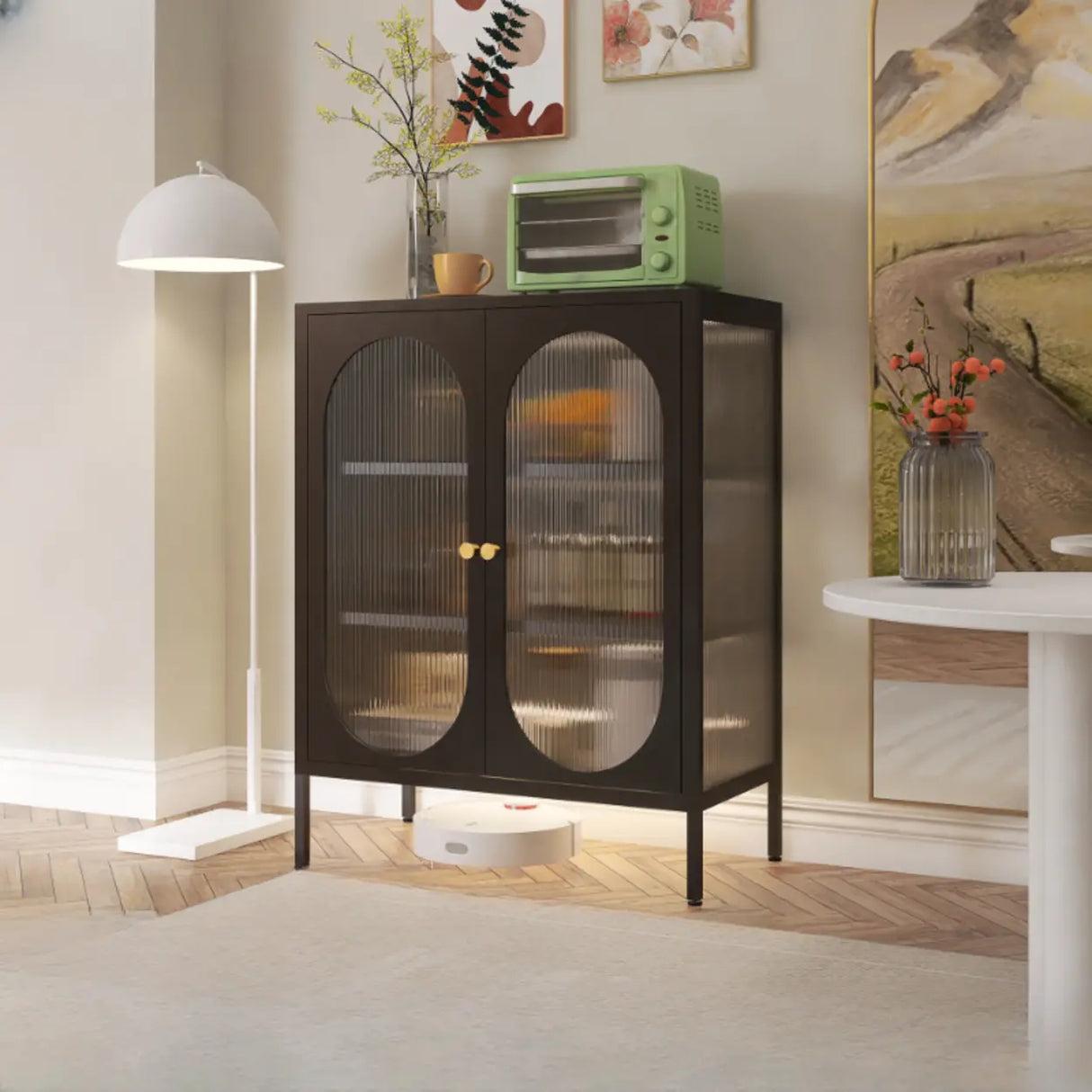 Freestanding Black Metal Buffet with Clear Glass Doors Image - 25