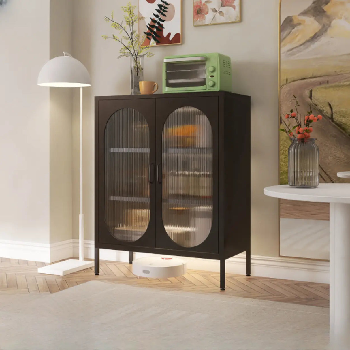 Freestanding Black Metal Buffet with Clear Glass Doors Image - 30