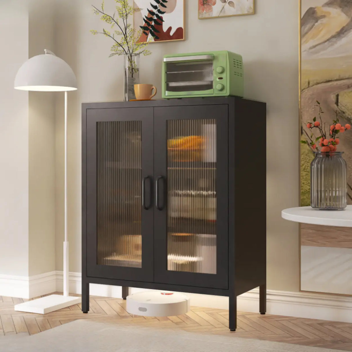 Freestanding Black Metal Buffet with Clear Glass Doors Image - 6