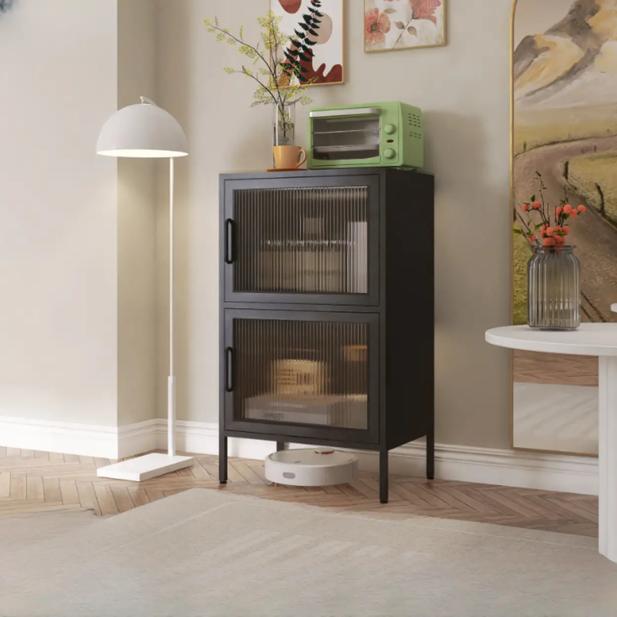 Freestanding Black Metal Buffet with Clear Glass Doors Image - 7