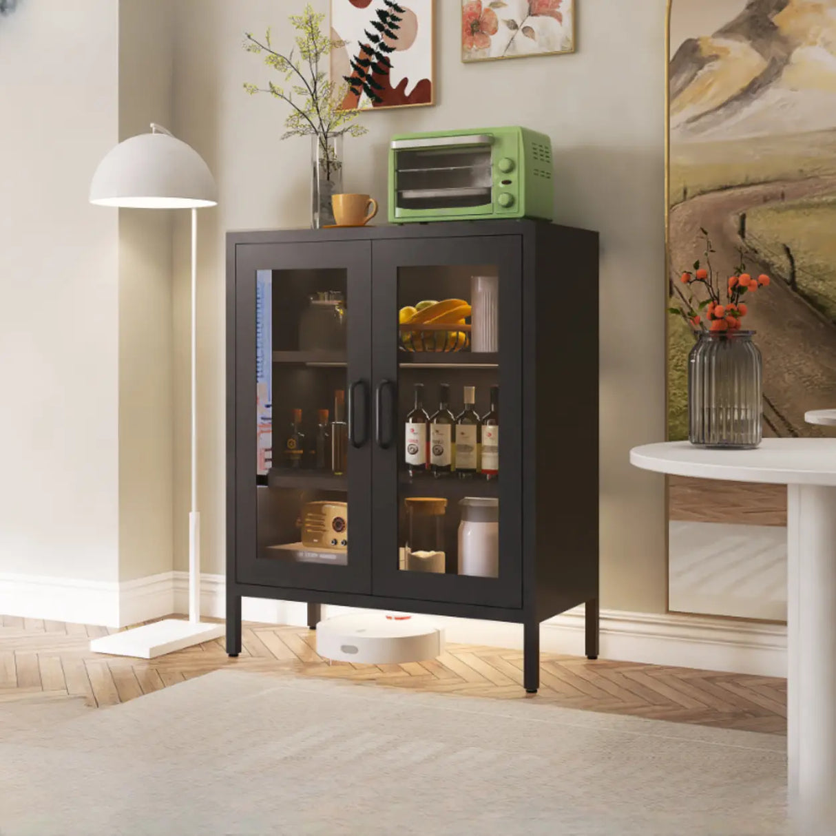 Freestanding Black Metal Buffet with Clear Glass Doors Image - 8