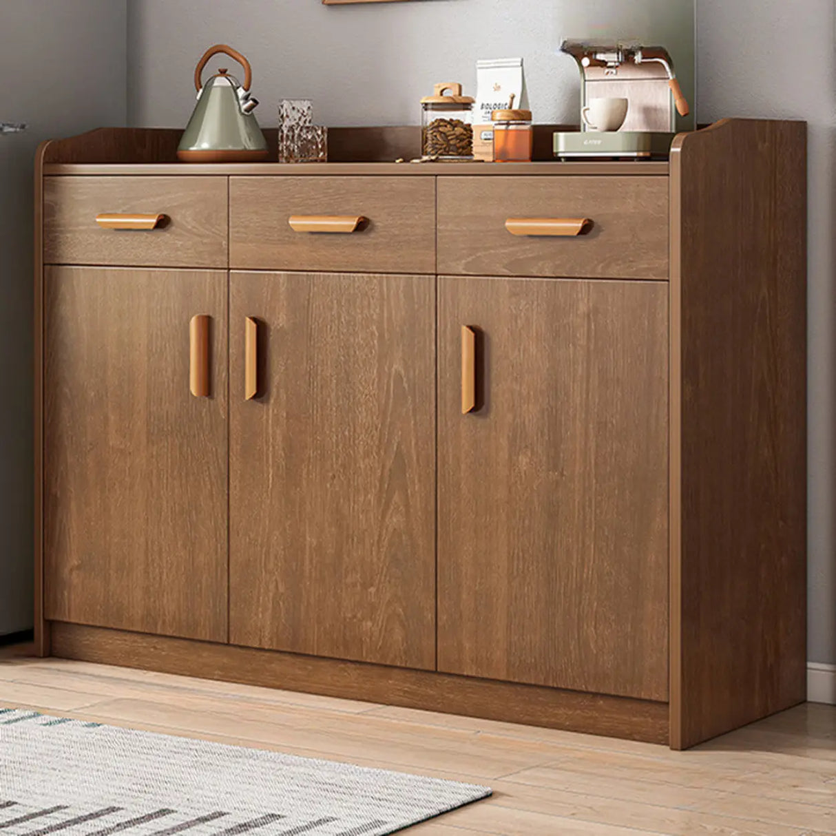 Freestanding Shelves Drawers Teak Floor Buffet with Storage Image - 1