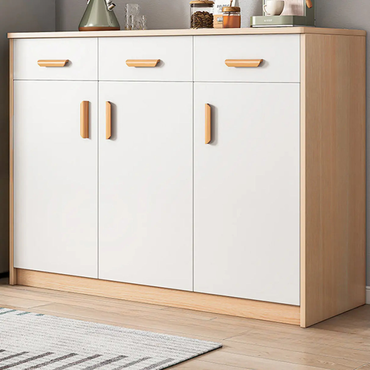 Freestanding Shelves Drawers Teak Floor Buffet with Storage Image - 10