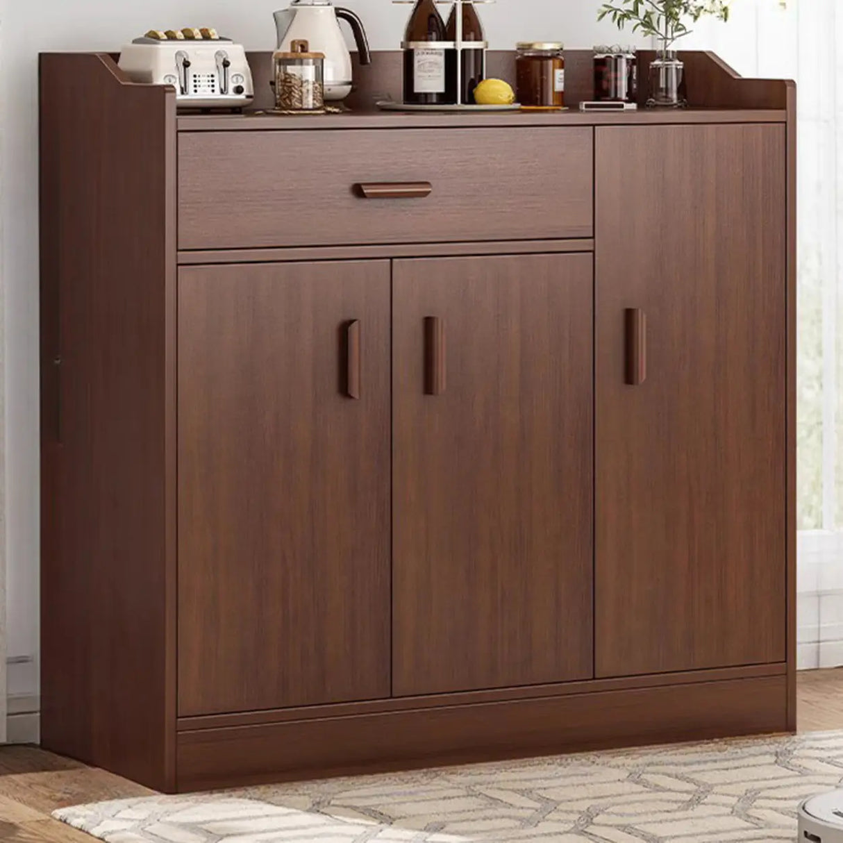 Freestanding Shelves Drawers Teak Floor Buffet with Storage Image - 27