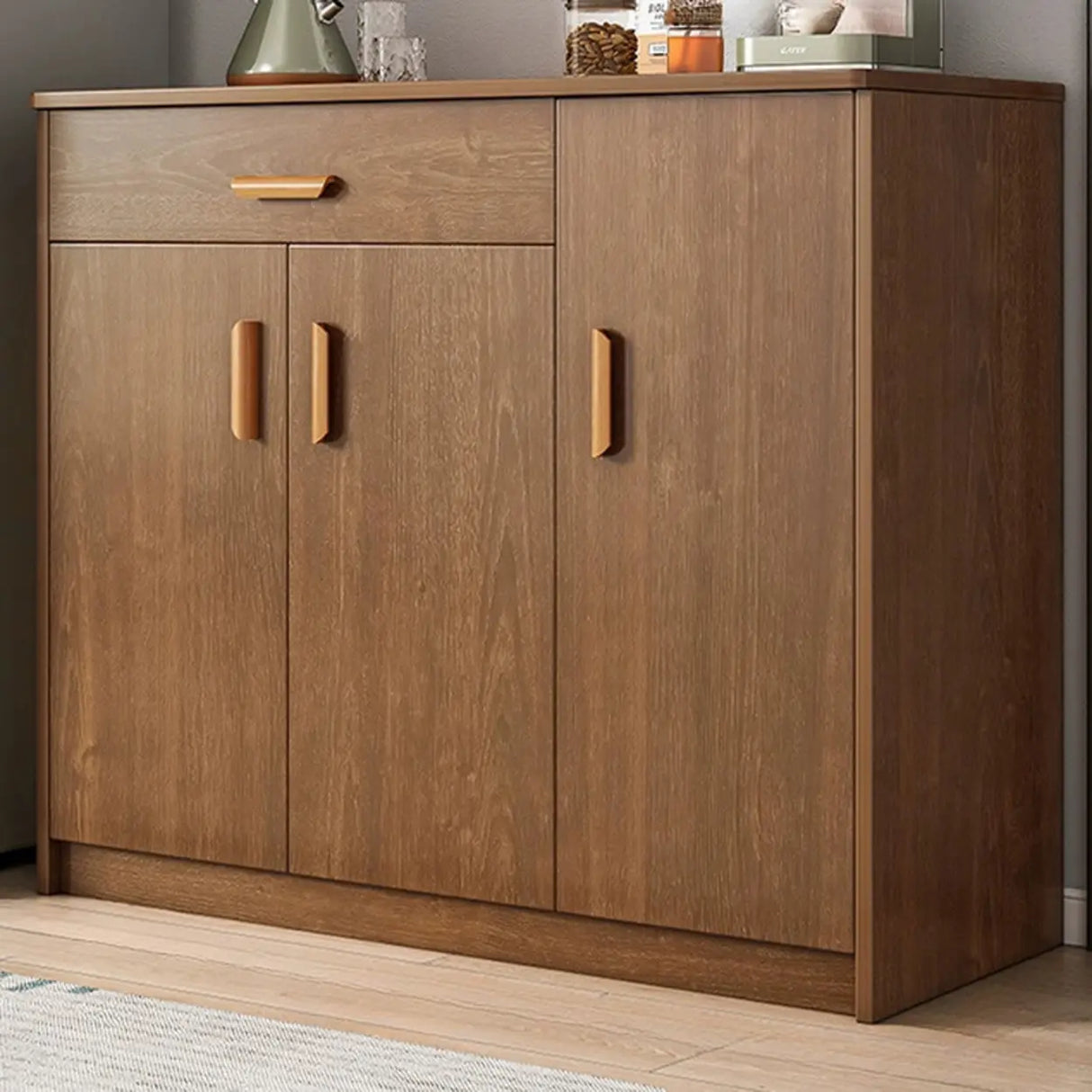 Freestanding Shelves Drawers Teak Floor Buffet with Storage Image - 12