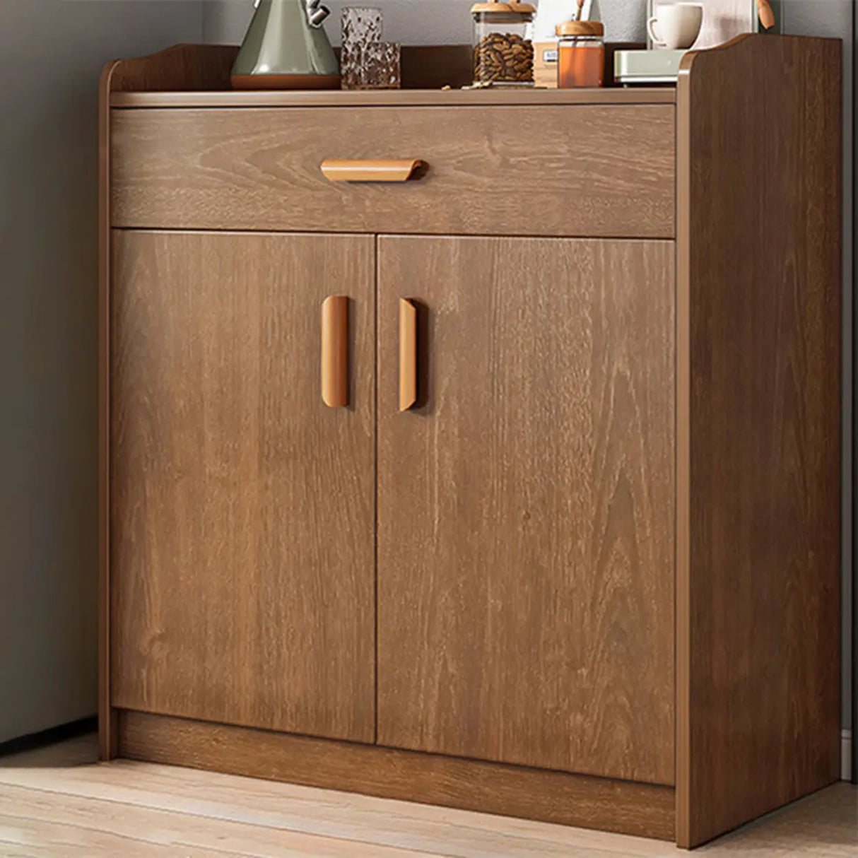 Freestanding Shelves Drawers Teak Floor Buffet with Storage Image - 15