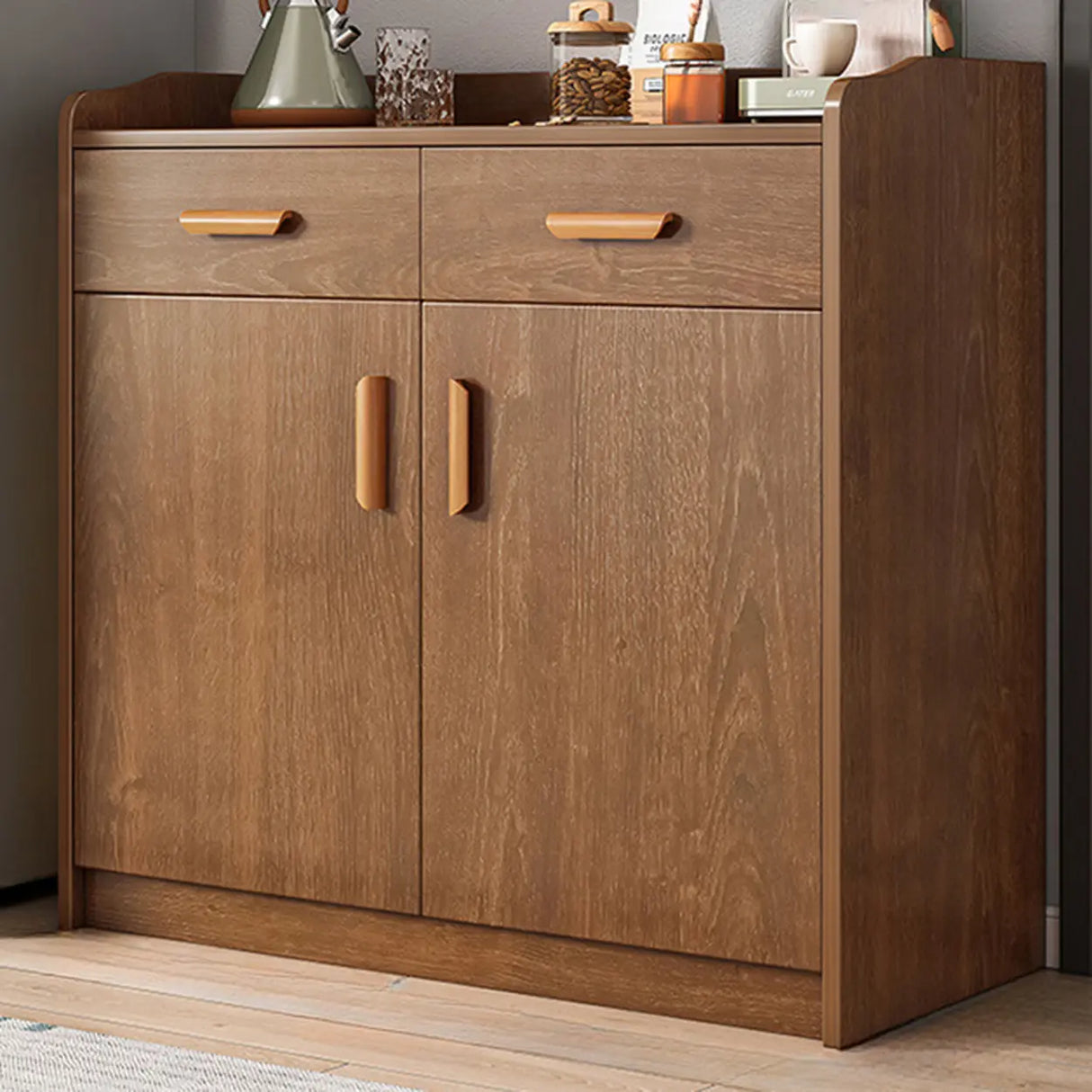 Freestanding Shelves Drawers Teak Floor Buffet with Storage Image - 18