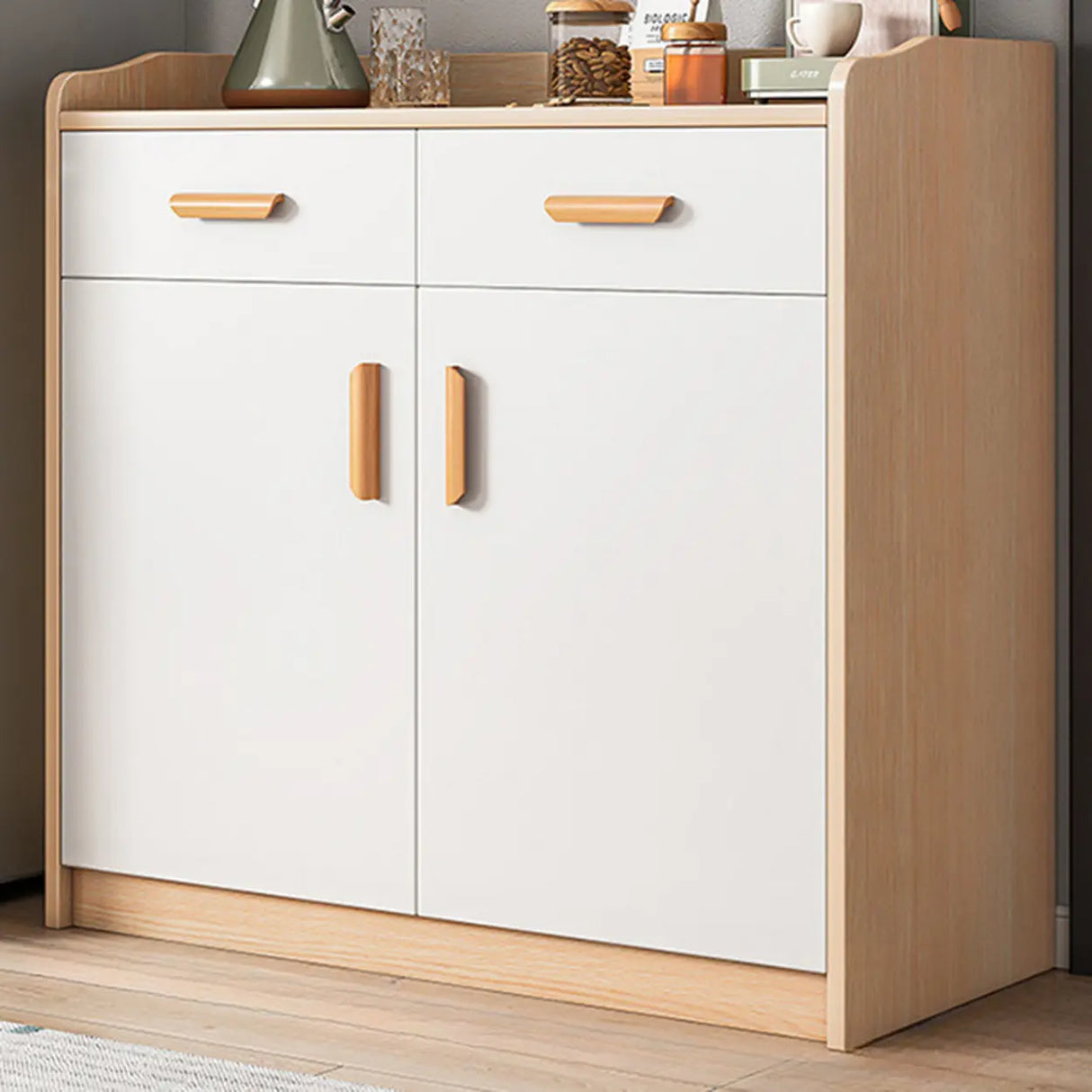 Freestanding Shelves Drawers Teak Floor Buffet with Storage Image - 19