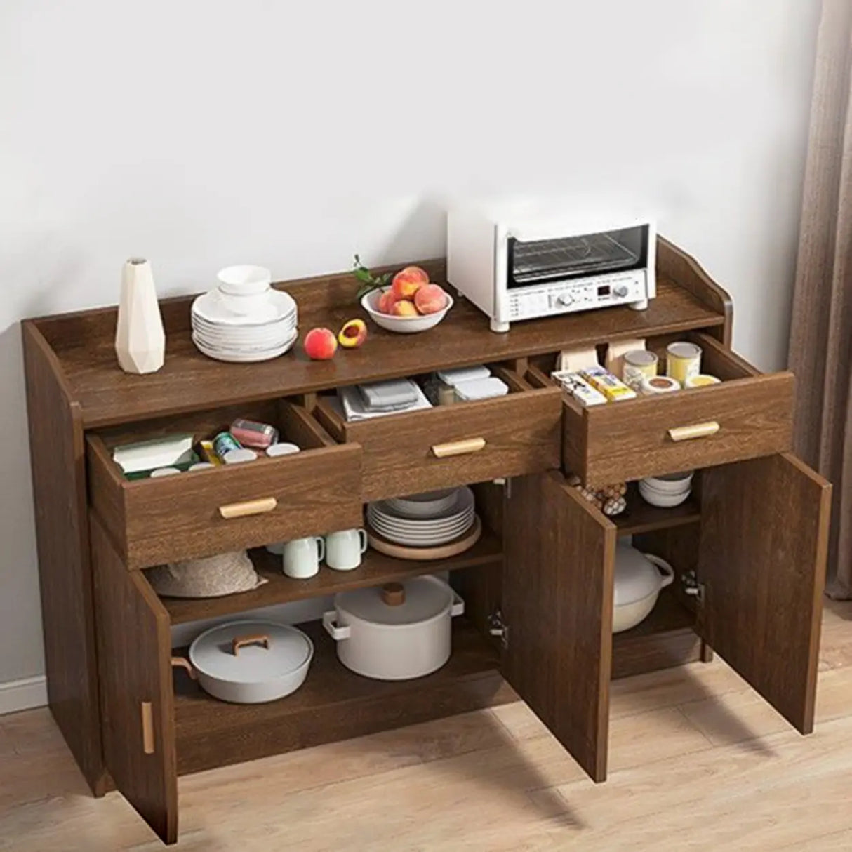 Freestanding Shelves Drawers Teak Floor Buffet with Storage Image - 2
