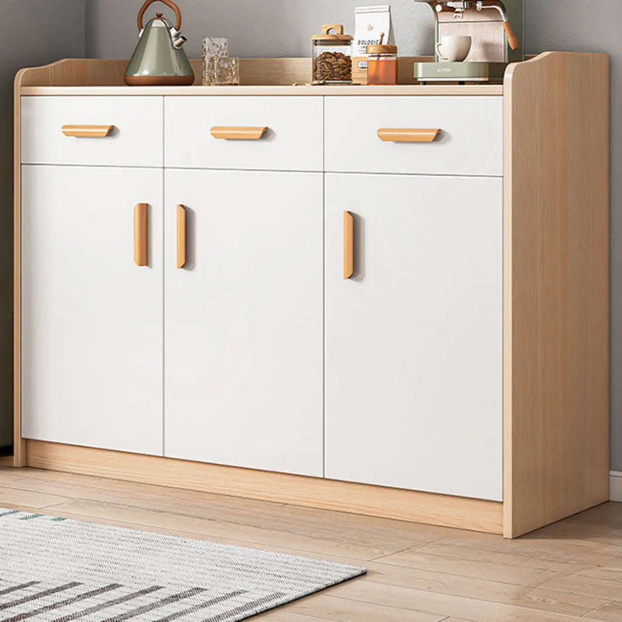 Freestanding Shelves Drawers Teak Floor Buffet with Storage Image - 21