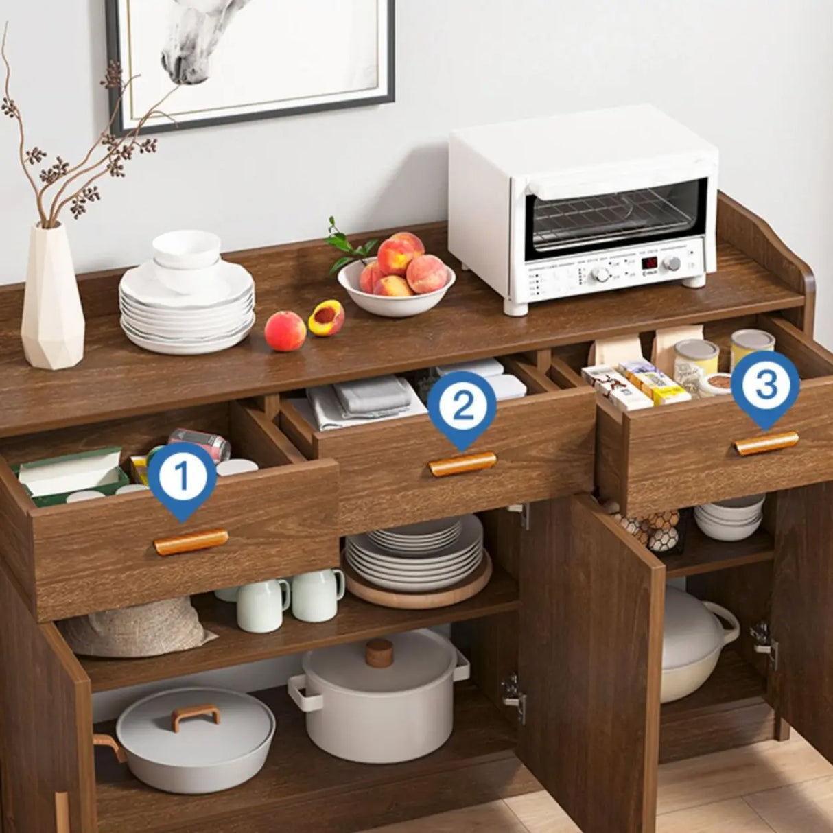 Freestanding Shelves Drawers Teak Floor Buffet with Storage Image - 3