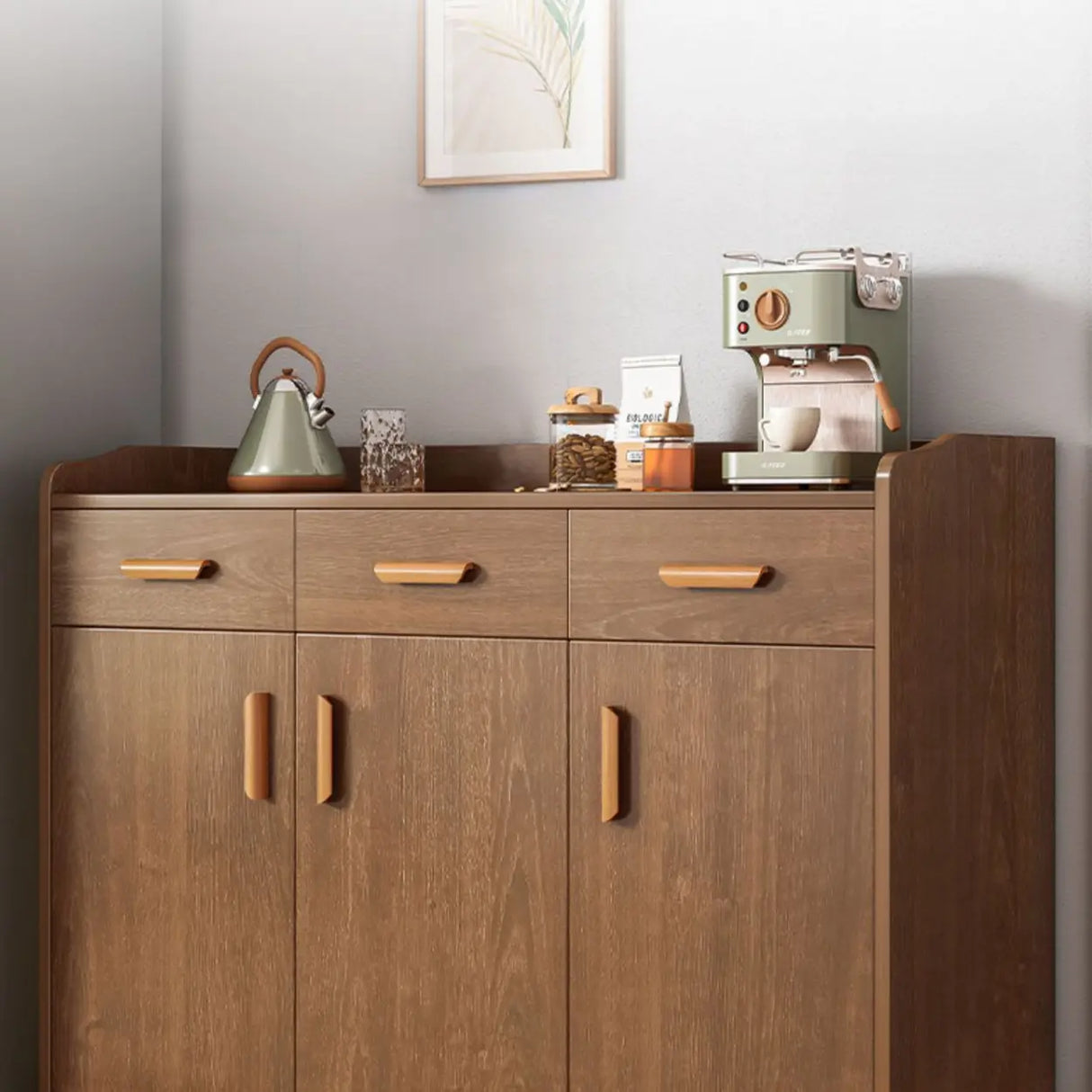 Freestanding Shelves Drawers Teak Floor Buffet with Storage Image - 5