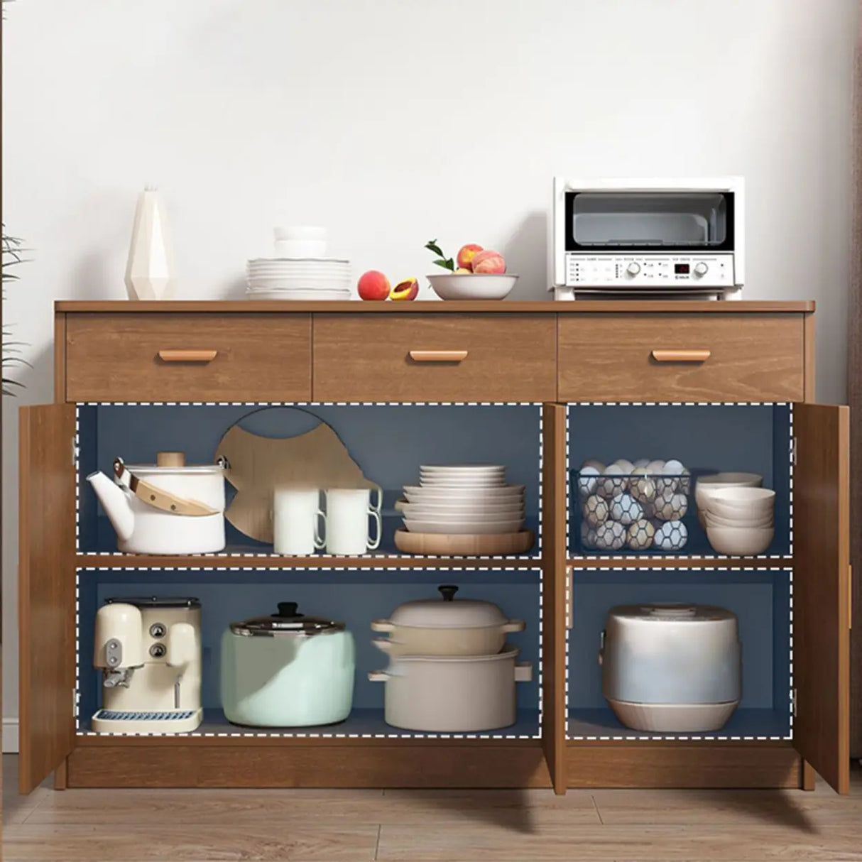 Freestanding Shelves Drawers Teak Floor Buffet with Storage Image - 6