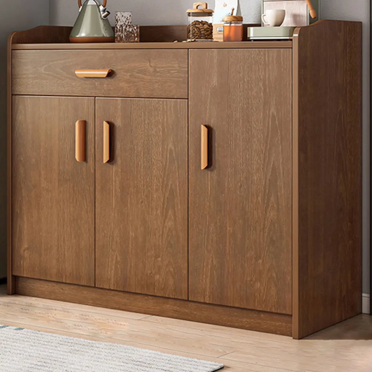 Freestanding Shelves Drawers Teak Floor Buffet with Storage Image - 23