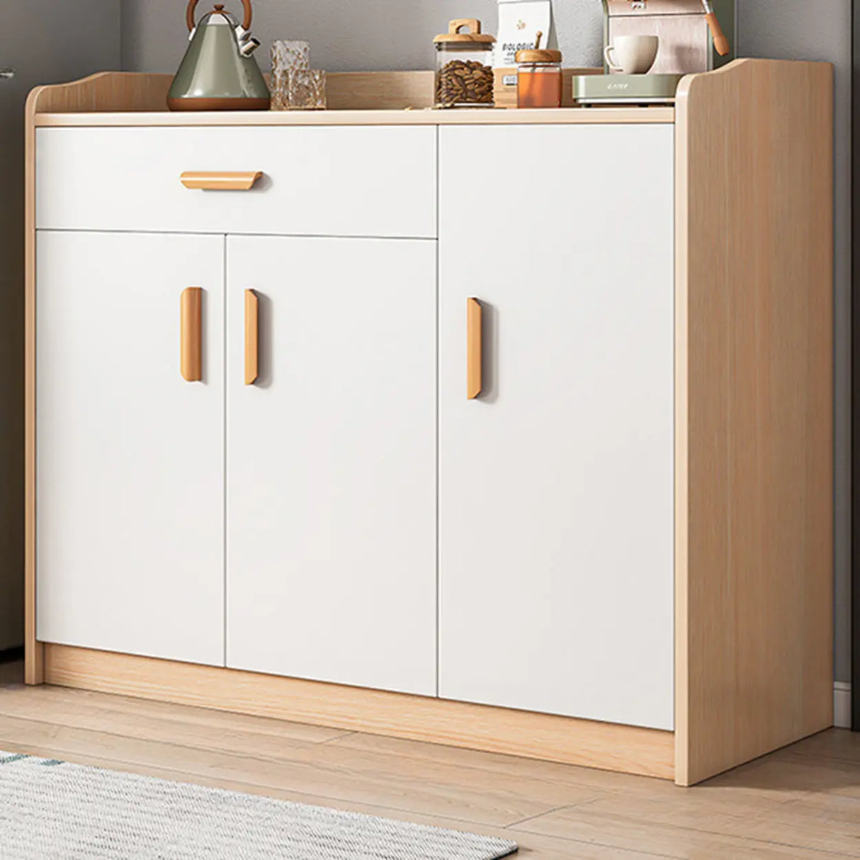 Freestanding Shelves Drawers Teak Floor Buffet with Storage Image - 24