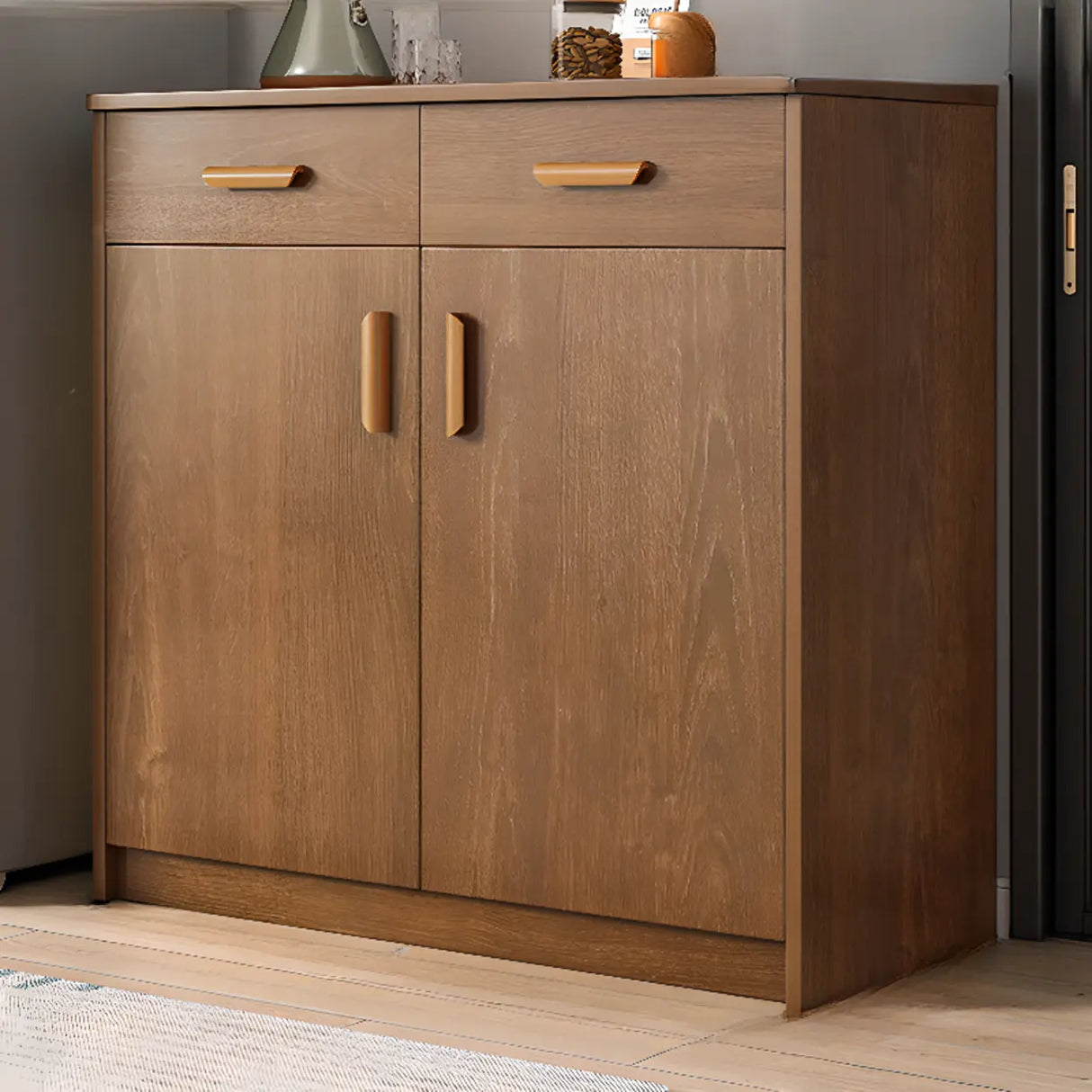 Freestanding Shelves Drawers Teak Floor Buffet with Storage Image - 8