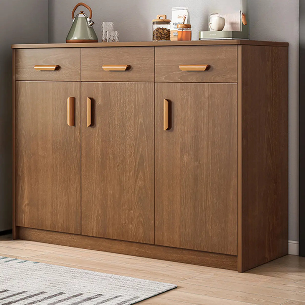 Freestanding Shelves Drawers Teak Floor Buffet with Storage Image - 9