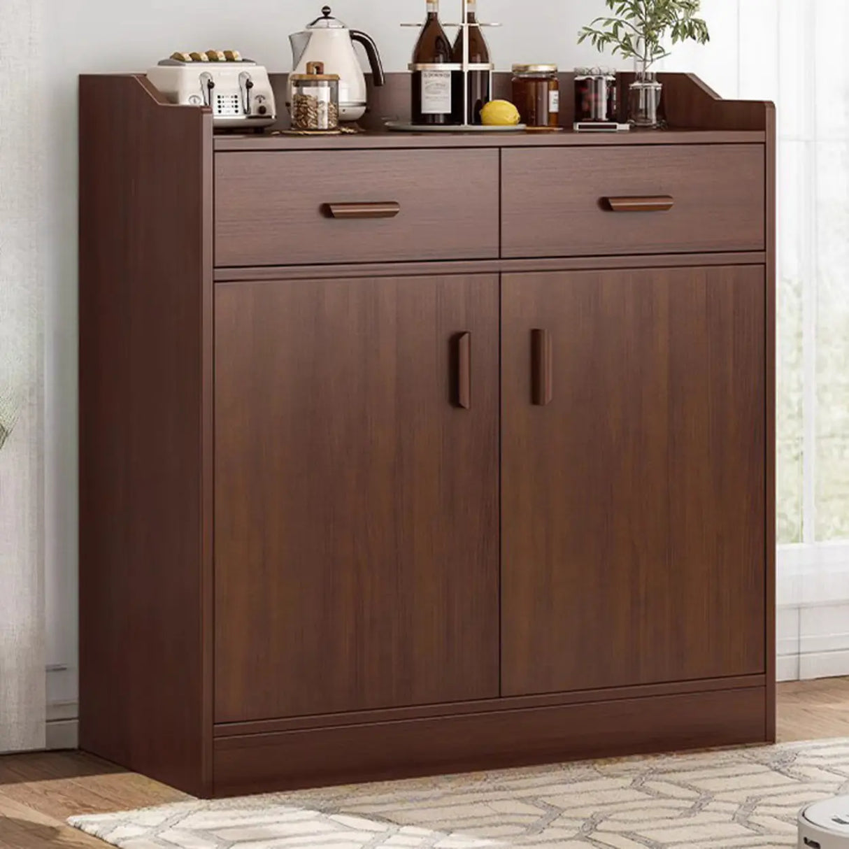 Freestanding Shelves Drawers Teak Floor Buffet with Storage Image - 26