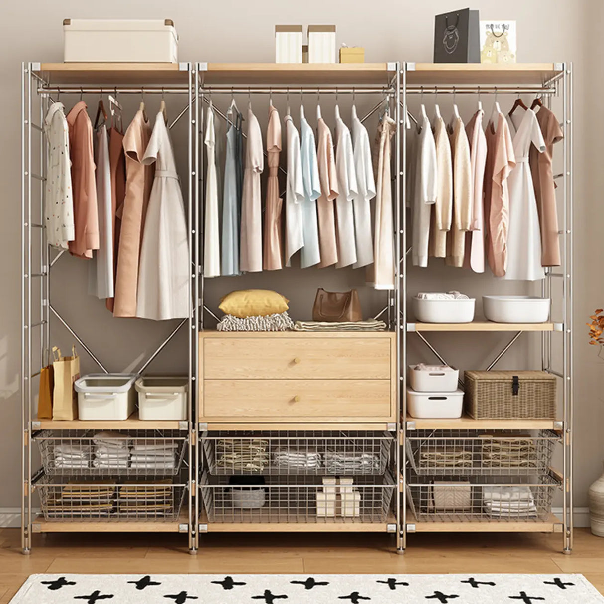 Freestanding Stainless Steel Open Storage Basket Hall Rack Image - 1