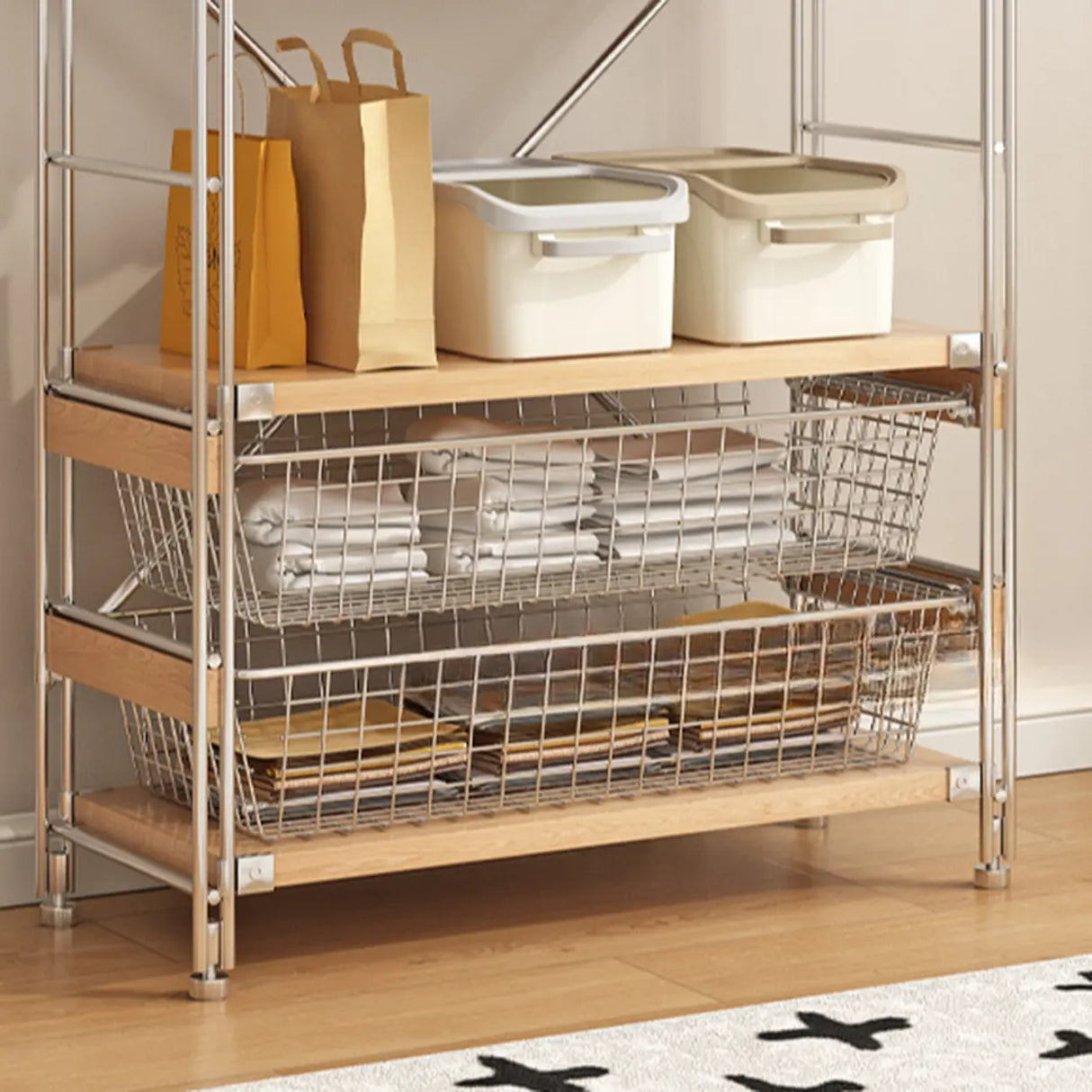 Freestanding Stainless Steel Open Storage Basket Hall Rack Image - 12