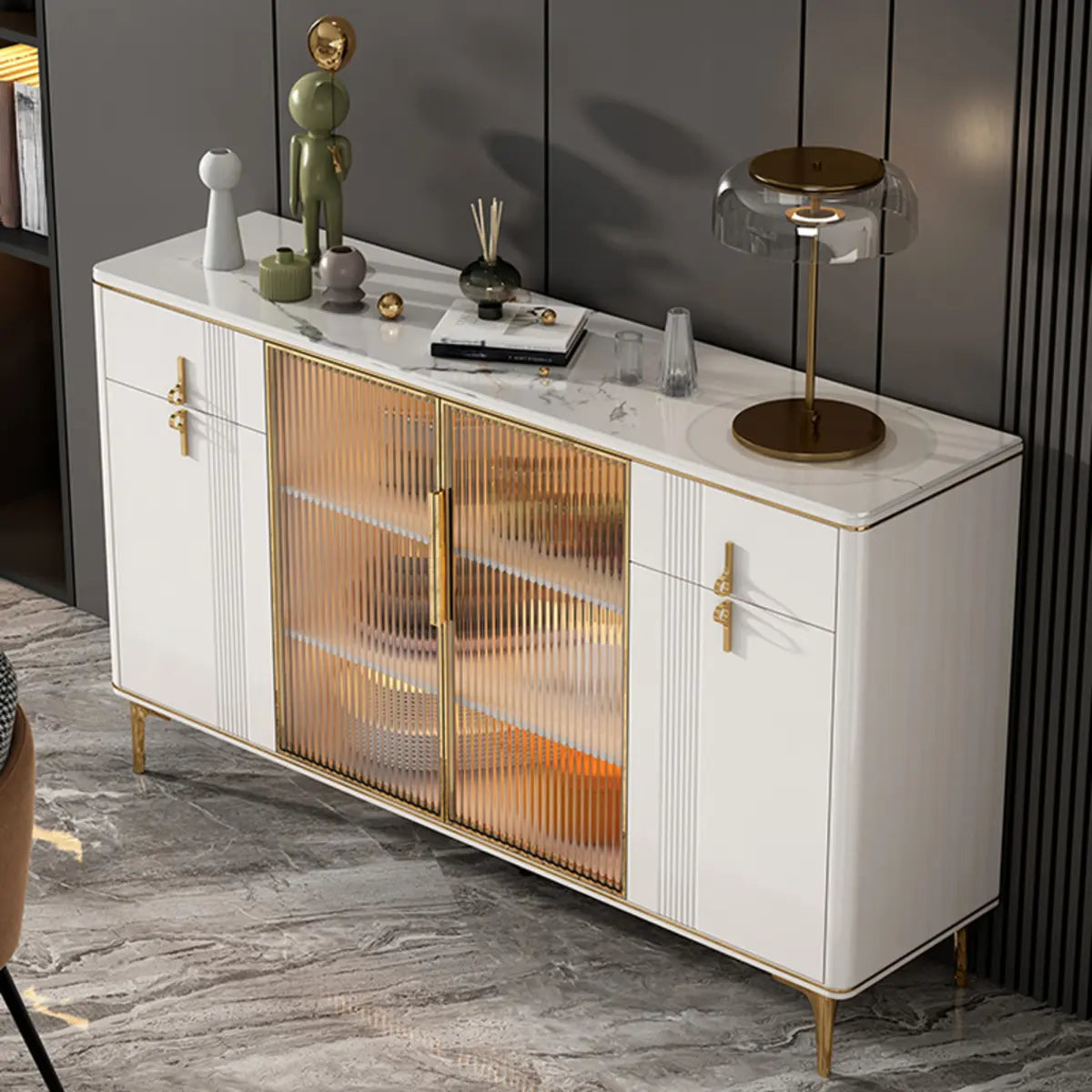 Freestanding Stone Top White Buffet with Drawers and Shelves Image - 1