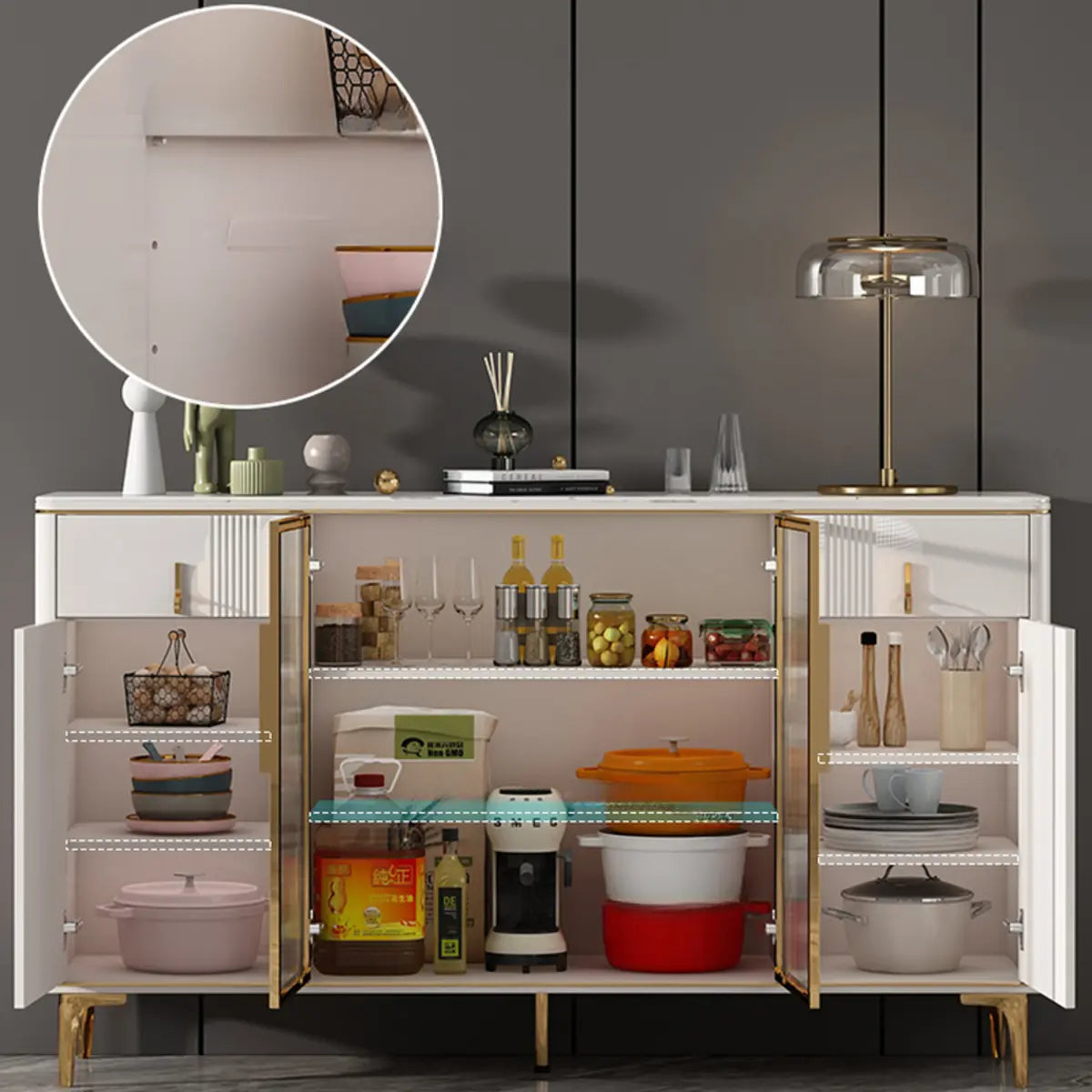 Freestanding Stone Top White Buffet with Drawers and Shelves Image - 10