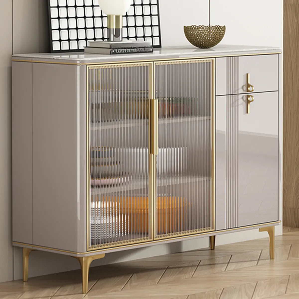 Freestanding Stone Top White Buffet with Drawers and Shelves Image - 11